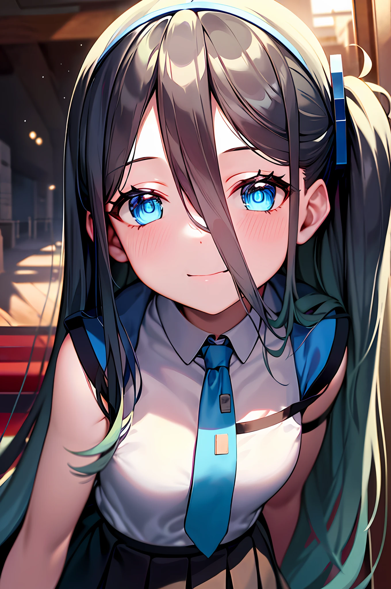 pureerosface_v1:0.66)、best qualtiy、超A high resolution、(Hphotorealistic:1.4)、女の子 1 人、finely eye、Dark Eye Makeup、Slim waist、red blush、K-pop idol、(attractiveness:1.0)、Fine eye makeup、Puffy eyes、独奏、perfect anatomia、(Colossal tits)、(Slender)、(A dark-haired:1)、(looking at the viewers).(Original_Alice)、(Light blue tie)、(marine blue eyes),(zhuo),(Alice_Halo:0.7),(Blue halo),(A smile),(Happiness),(pigtails hair),(length hair),(Long bangs),(Blue Archive),(black hairband),(long court),(student clothes),(White long-sleeved shirt),(pleatedskirt),(Navy blue skirt),depth of fields,facial detailing,skin gloss,Beautiful eyes、Dark Eye Makeup、Slim waist、teak、Fine eye makeup、独奏、perfect anatomia.up chest.clench your fists.((Gentle and gentle face)).Look at viewers.Fighting stance.evening glow.the setting sun.