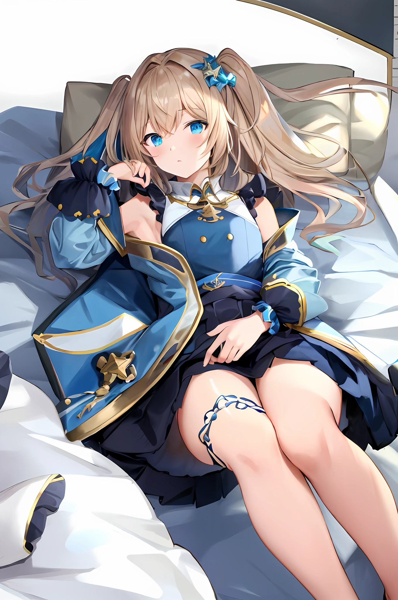 Kizi,lying on back on bed,Put on stockings,shyexpression,rnlong hair,Breastless skirt,blue color eyes
