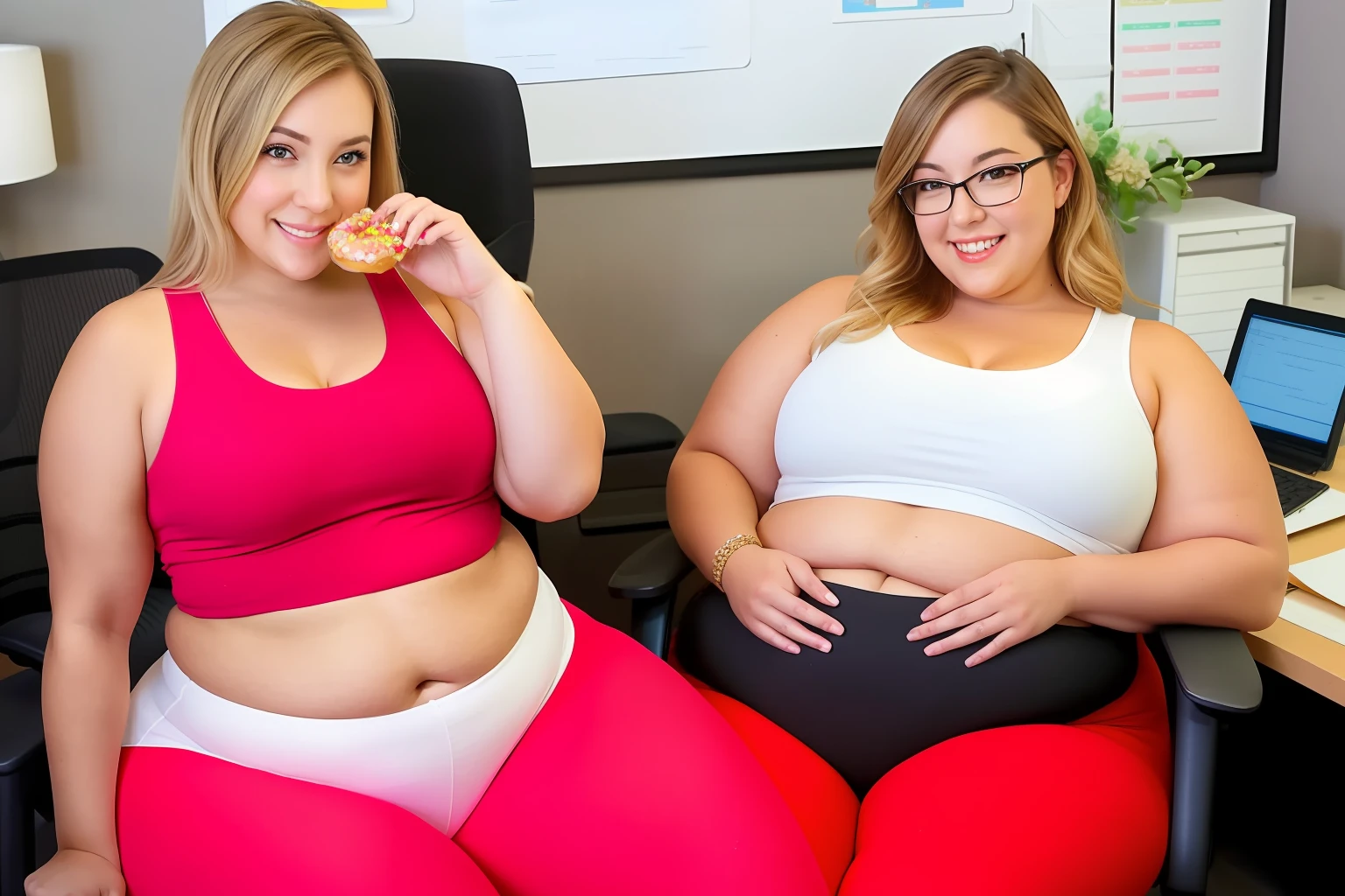 A single extemely obese short blonde girl with thick rimmed glasses, wearing a too small white tank top showing the skin of her fat tummy, and bright red leggings, with very wide hips and a very fat lower body, with extremely obese legs, with white skin, with sparse stretch marks on her tummy, sitting in an extra wide office chair, indulgently eating donuts at her office desk