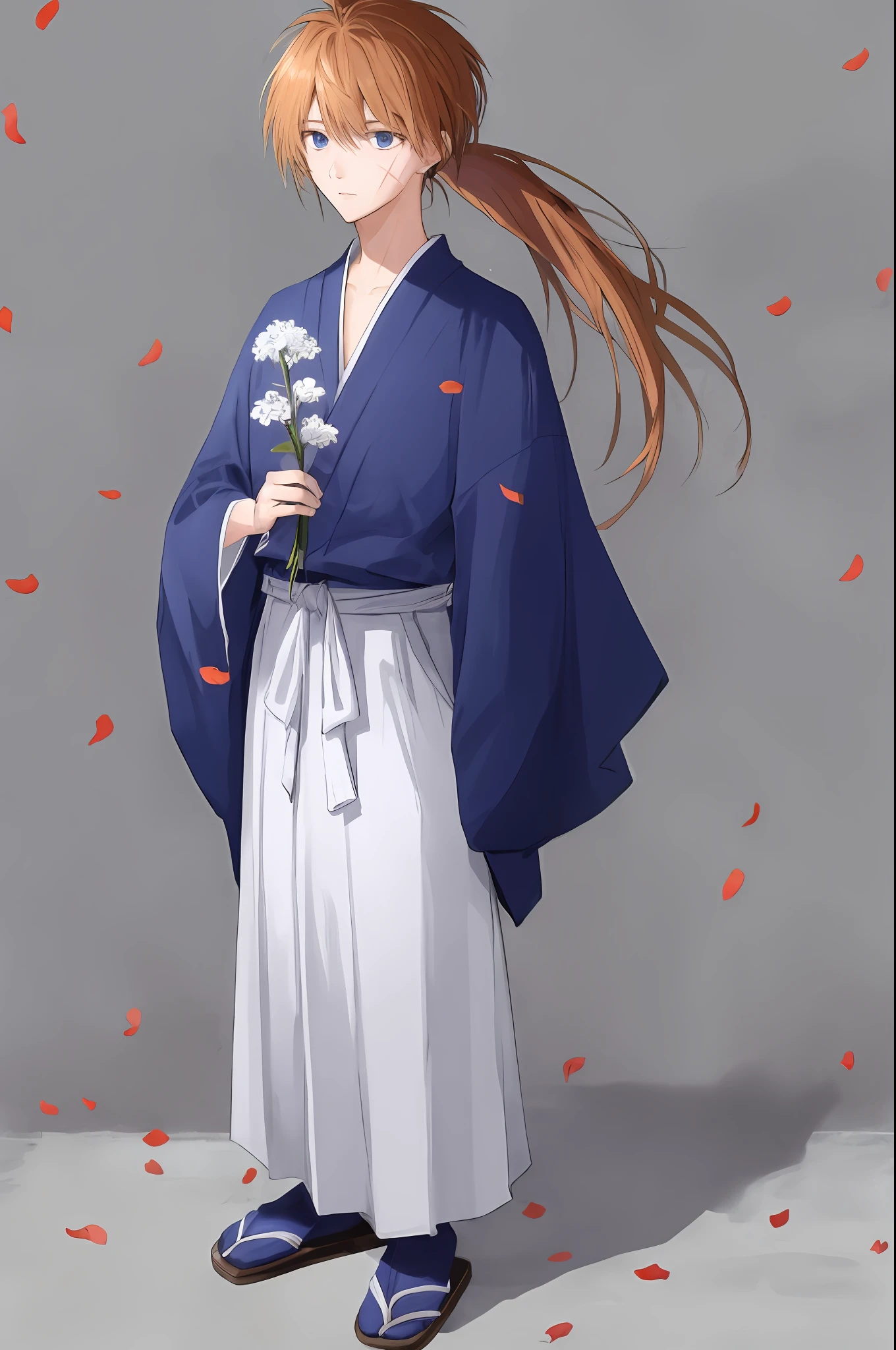 kenshin rk, solo, long hair, 1boy, ponytail, flower, male focus, japanese clothes, petals, scar, sandals, hakama, hakama skirt, holding flower