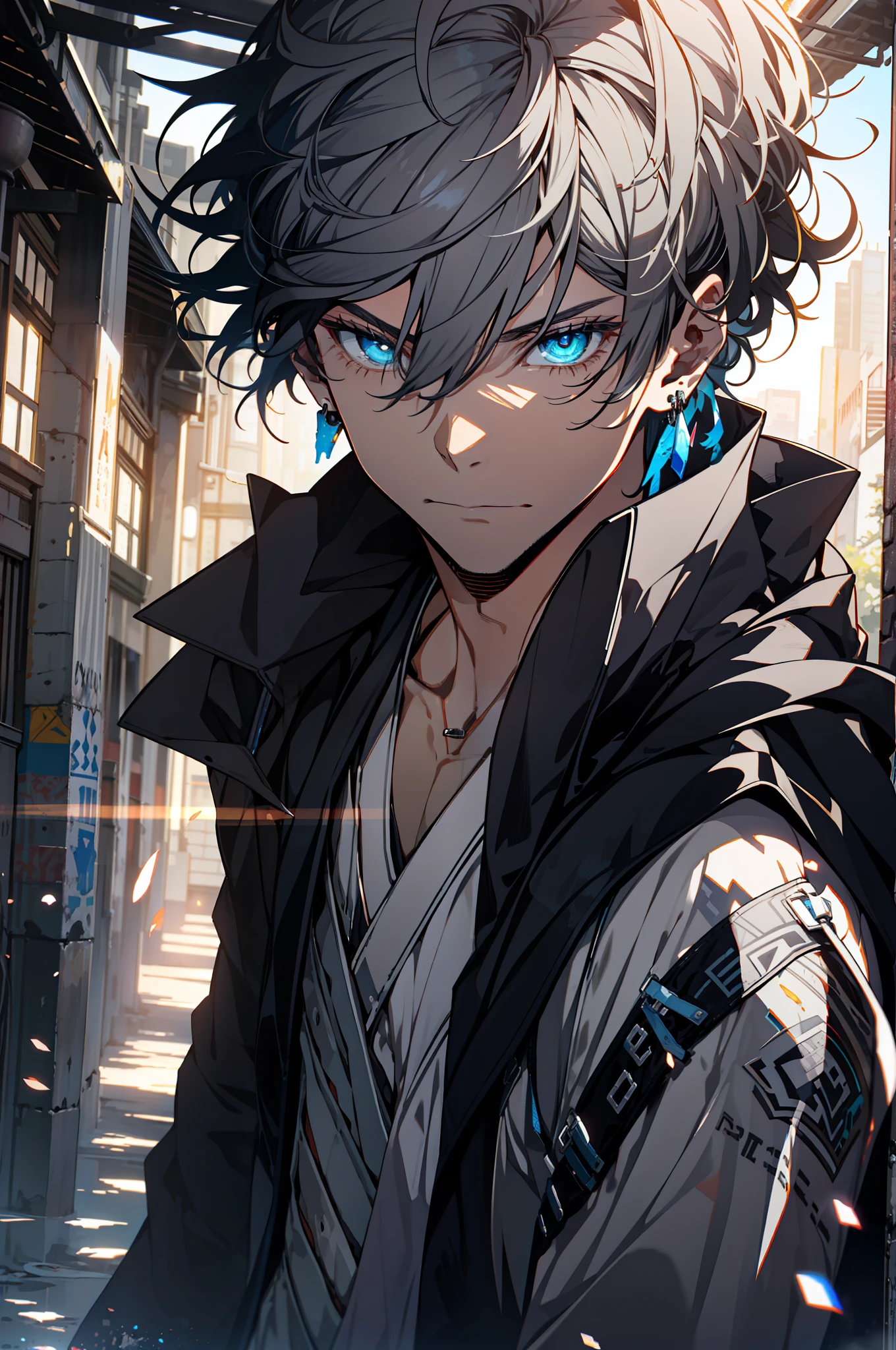 ,Clean design,Mature male epic Instagram,art stations,Colorful paint splashes,contours,Hyper-detailed intricate details,unreal-engine,fanciful,Complicated details,splash image,complementary colours,fantasy concept art,8K分辨率,A masterpiece of deviantart,oil painted,Heavy strokes,paint drips,(Isolate on a white background:1.3),Rainbow skins,(((A handsome young))), ( (glow blue eyes), ((Eyes have light)),((((Short gray hair:1.1))), ((black-clad)), Indifferent expression\\),, (((Wearing a luxurious black robe with high details))), A head of white hair,(chest muscle) Two-dimensional masterpiece Maximum image quality 1080p Single black and blue long-haired boy, Messy hair, musculature, Earrings。handsome, Cold, half-body portrayal close-up, Clear face, clear and delicate eye description, Detailed face description, two-dimensional male correct facial features, correct eye proportions。 巨作, best qualityer, ultra detailed,an extremely delicate and beautiful, beautiful meticulous eyes, detailed light beautifully +Firefly 1boy robe shinelight lighting particle, illustration.watercolor colorful beautifully painted --v 6