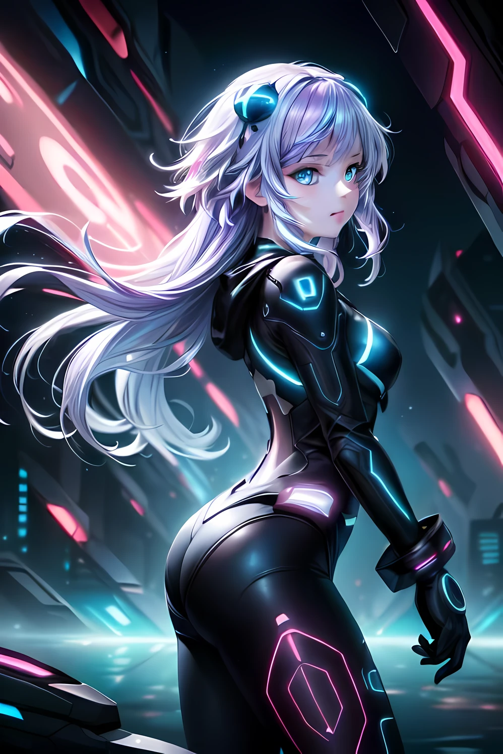 (masterpiece, best quality, highres, absurdres, ultra-detailed:1.3), 1girl, (tron, cyberspace, techno, cyberpunk, pink and cyan neon light rays, iridescent, holographic, hdr: 1.6), (prpdef1, from side:1.3),