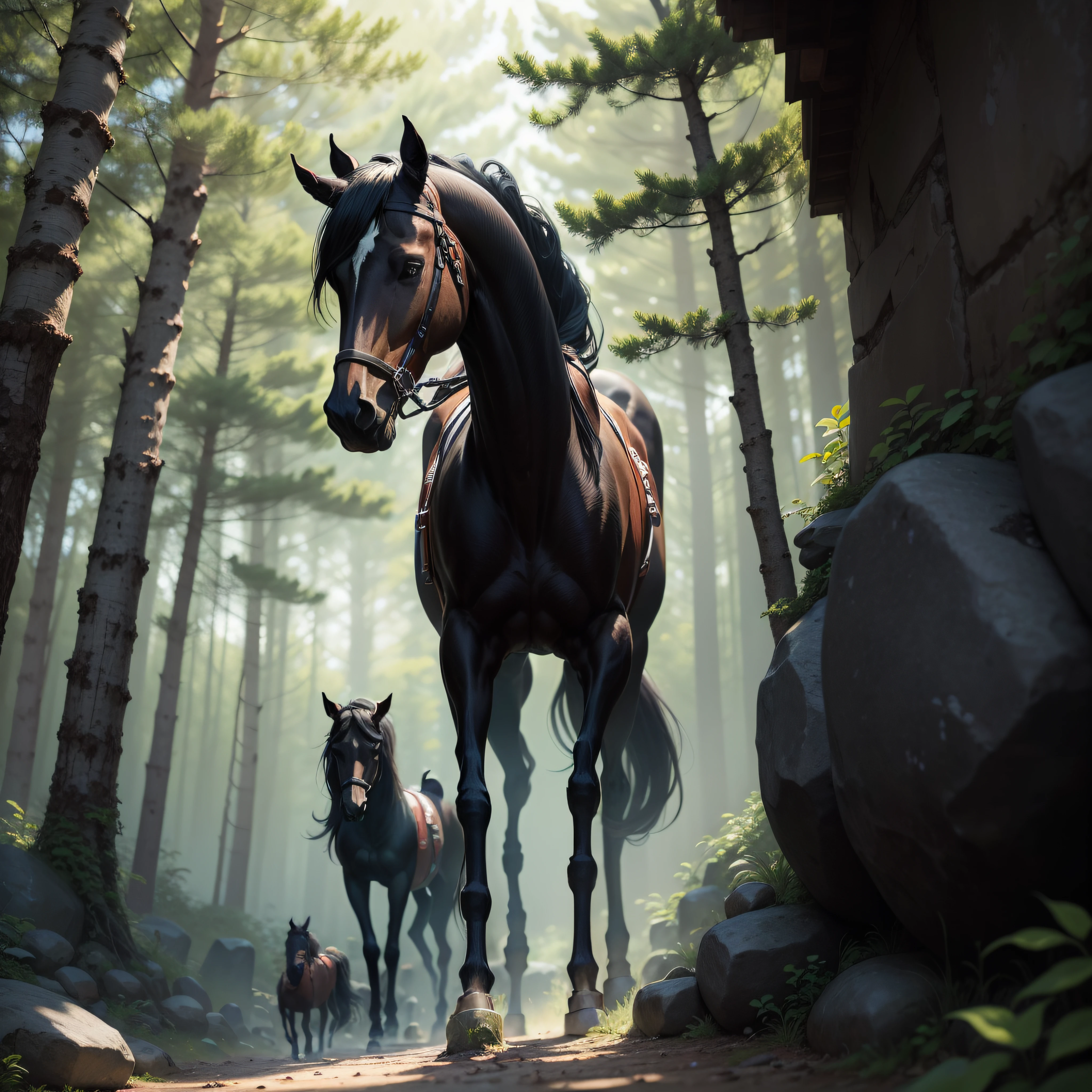 Katsuki Bakugo hidden behind the stone with a black horse in the forest.