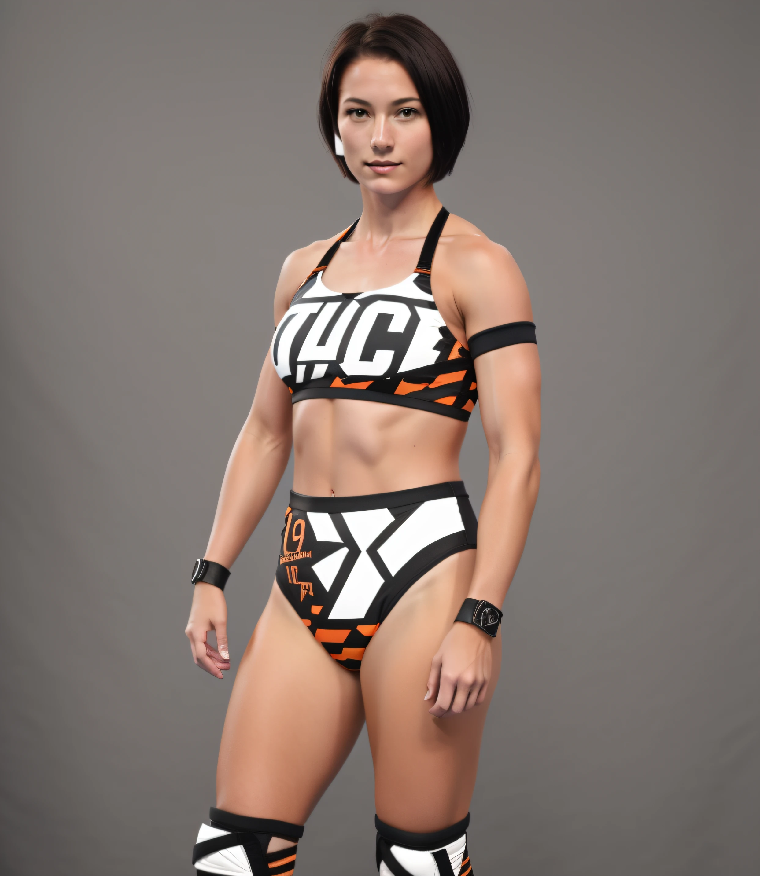 Dark-haired Caucasian female wrestler with a Karen haircut, in black orange and white sports bra that says "JOYCE", black orange and white high cut trunks, black arm-bands, black wristbands, black orange and white knee-pads, photo realistic, intricate details