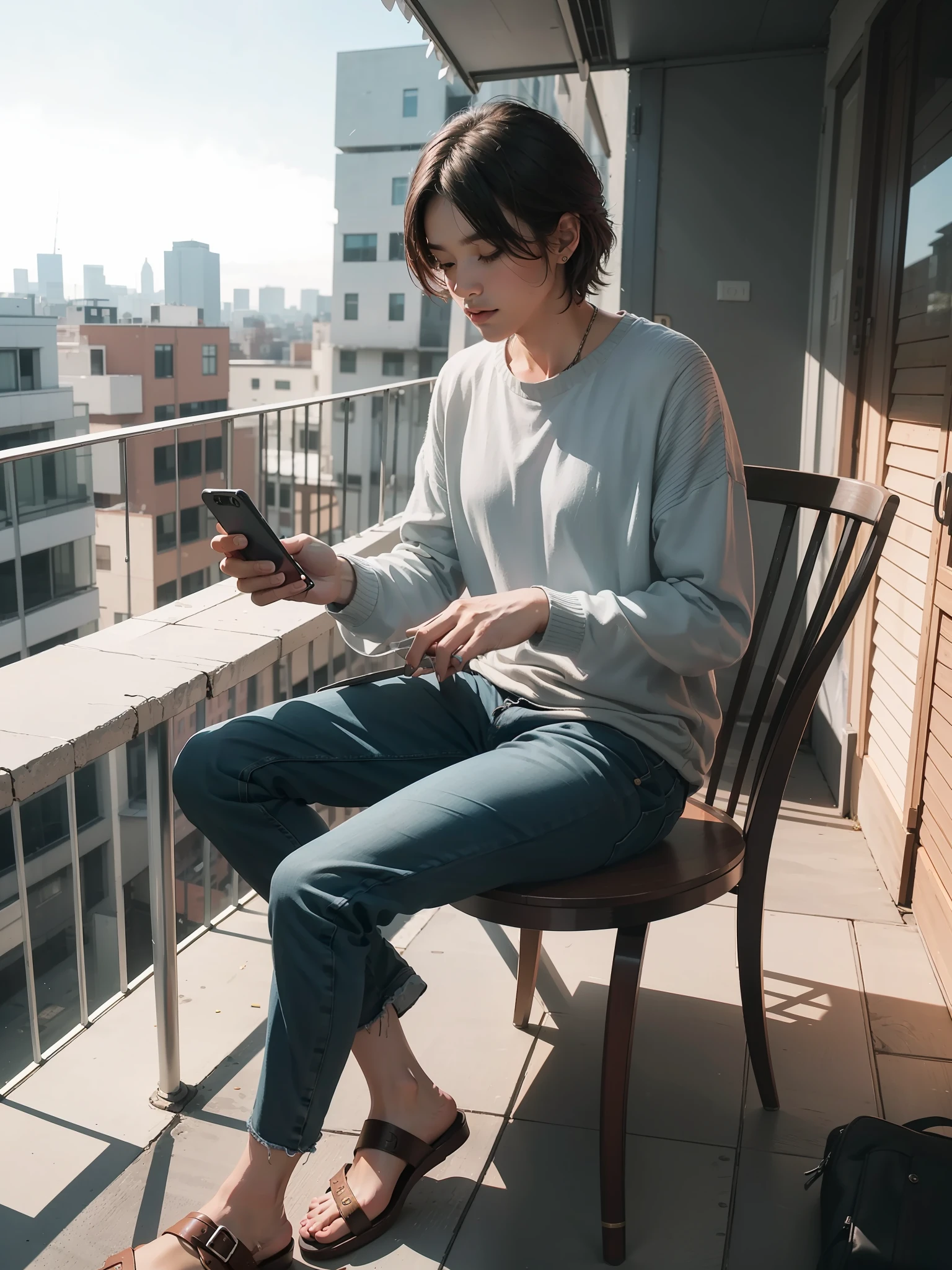 there is a man sitting on a chair on the balcony using a cell phone, chill time. Good view, taken with canon 8 0 d, taken with sony alpha 9, shot with iphone 1 0, taken with a Sony A7R camera, looking at his phone, sit on chair, On a sunny day, with backdrop of natural light, morning time