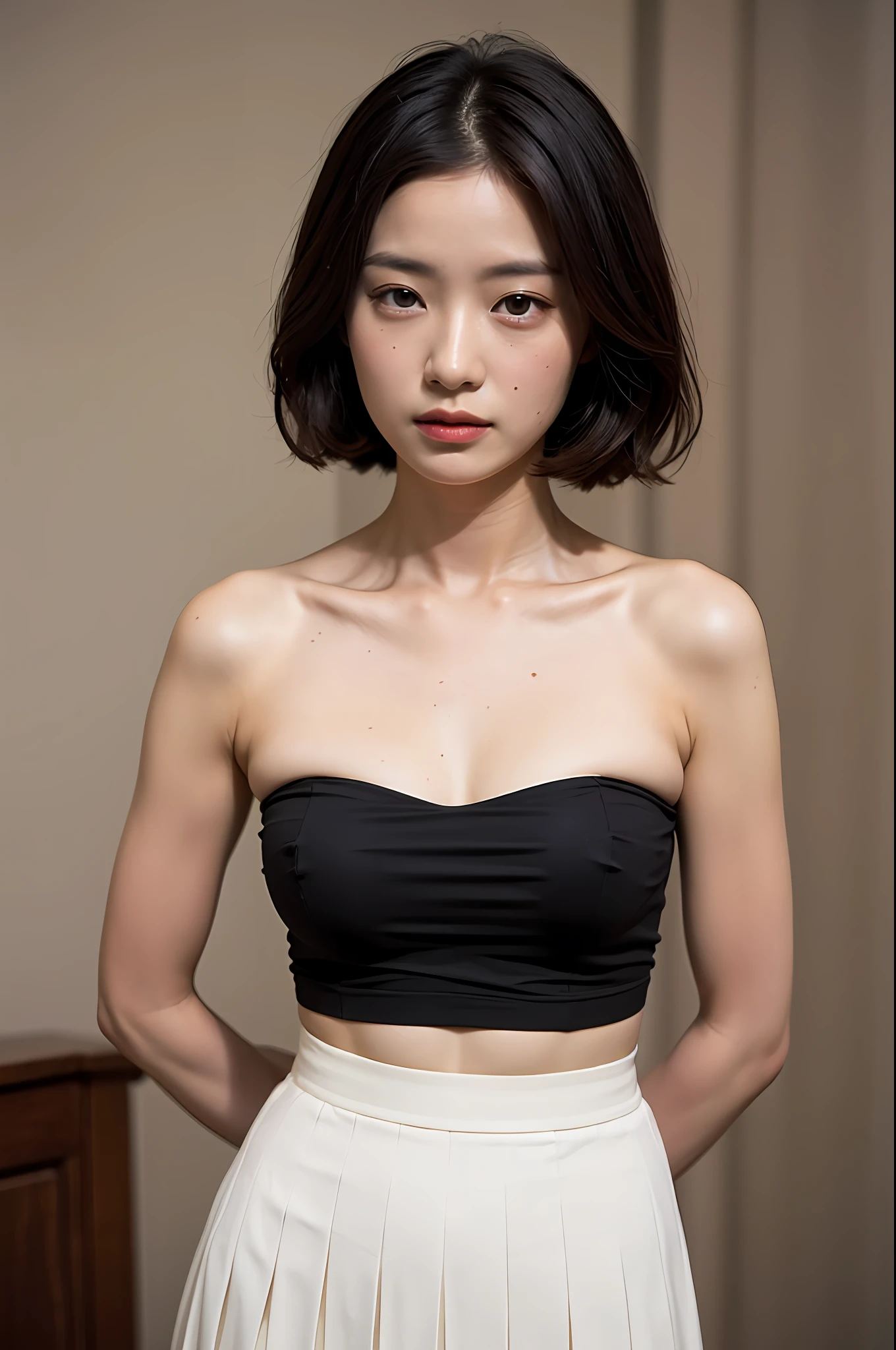 (Highly detailed body,Highly detailed face,Best quality at best:1.2) ,A woman with,looki at viewer,(Black bandeau,Pleated skirt)(1 in the room background.2)