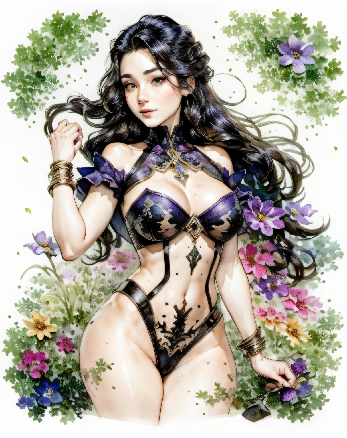 Lisa Frank Art Color, Full Body, Small Breasts, Perfect Buttocks, Beautiful Woman, Multicolored Long Hair, Multicolored Aurora, Art Face by Tom Bagshaw, Emile Vernon Style, Full Body Dynamic Motion Pose, Beautiful Woman with Long Hair, Jewelry gold, oil painting, fantasy, intricate, stunning highly detailed girl by Artgerm and Edouard Bisson, beautiful elegant, fantasy, flowers, forest, Highly Detailed, Digital Airbrush, photorealistic, Octane Rendering, black hair, black lips, gothic, rapunzel hair long, long golden and black hair, long golden and black hair, Digital Painting, soft skin wide eyes watercolor, style, sketch, Watercolor paiting, Watercolorist, Portrait of a beautiful girl with long curly hair, Vintage cartoon, GHIBLI , Artgerm, WLOP , Alphonse Mucha Intricately detailed hyper-detailed dynamic lighting Splash art trend in triadic colors Artstation Volumetric lighting Unreal Engine 5, See-through clothing, slight smile,, legs spread, View of pubic hair, 1 sexy girl in see-through forest clothing, breasts exposed, Open transparent T-shirt, Tattoos of mandalas and flowers, The best quality,