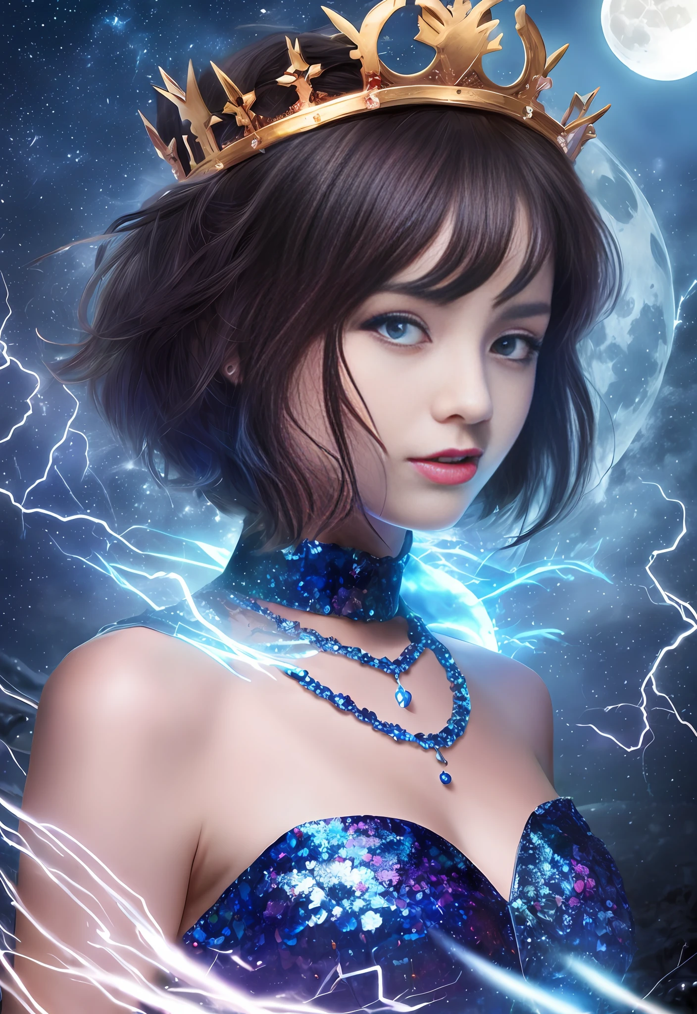 Night, (1 girl)), loneliness, masterpiece, 8k wallpaper, high resolution, absurdity, high quality background, short hair, black hair, multi-colored hair, beautiful frozen village, (full moon), blue dress, detail dress, jewelry dress, (magic: 1.2), blue flame, blue eyes, glowing eyes, fire, ice goddess, (blue delicate beautiful crown), electricity, blue electricity, blue light particles