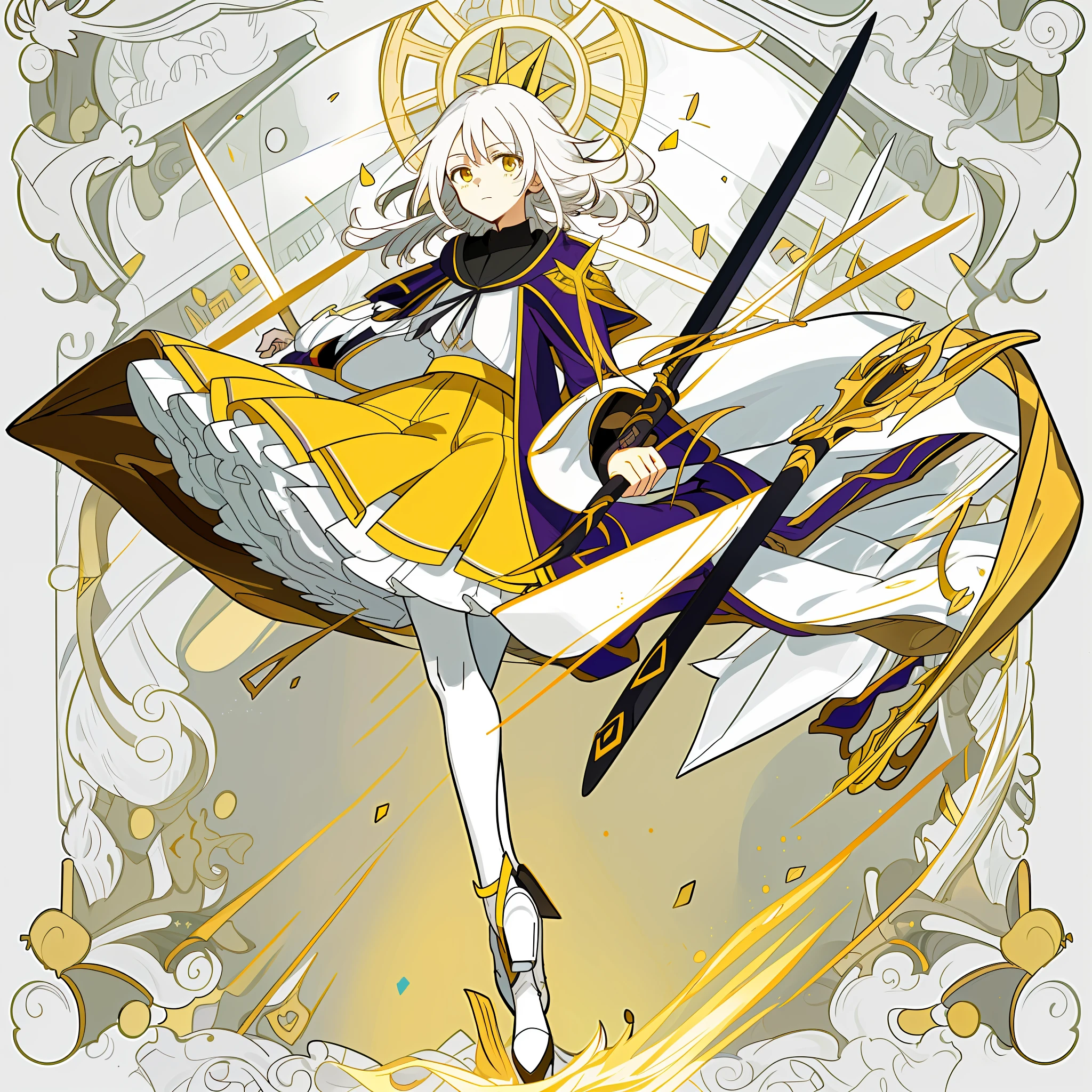 magia,salama,teens girl,beauitful face,arma,French formation,adolable,Short yellow skirt,high-heeled,White color hair,hair adornments,a horsetail,Fantastic scene,Top lighting,Hair decoration,amarelo,raiden,Calm expression,handheldweapons