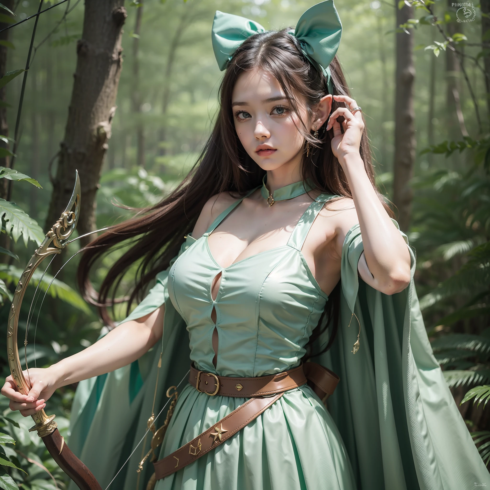 8k,1 female elf(Pointy ears,Ultra-fine skin,Ultra-fine eyes),Stand in the forest,Wearing a light green gauze dress,Shooting with a bow and arrow in hand,looking at viewert,gigantic trees,Ultra-fine details