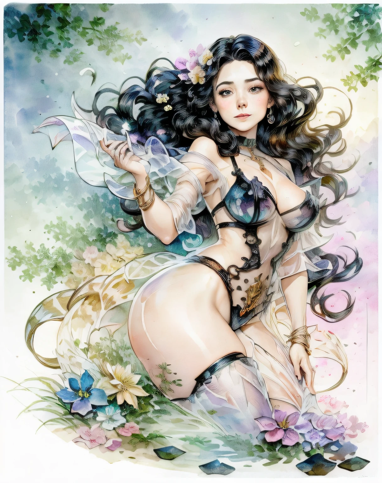 Lisa Frank Art Color, Full Body, Small Breasts, Perfect Buttocks, Beautiful Woman, Multicolored Long Hair, Multicolored Aurora, Art Face by Tom Bagshaw, Emile Vernon Style, Full Body Dynamic Motion Pose, Beautiful Woman with Long Hair, Jewelry gold, oil painting, fantasy, intricate, stunning highly detailed girl by Artgerm and Edouard Bisson, beautiful elegant, fantasy, flowers, forest, Highly Detailed, Digital Airbrush, photorealistic, Octane Rendering, black hair, black lips, gothic, rapunzel hair long, long golden and black hair, long golden and black hair, Digital Painting, soft skin wide eyes watercolor, style, sketch, Watercolor paiting, Watercolorist, Portrait of a beautiful girl with long curly hair, Vintage cartoon, GHIBLI , Artgerm, WLOP , Alphonse Mucha Intricately detailed hyper-detailed dynamic lighting Splash art trend in triadic colors Artstation Volumetric lighting Unreal Engine 5, See-through clothing, slight smile,, legs spread, View of pubic hair, 1 sexy girl in see-through forest clothing, breasts exposed, Open transparent T-shirt, Tattoos of mandalas and flowers, The best quality,