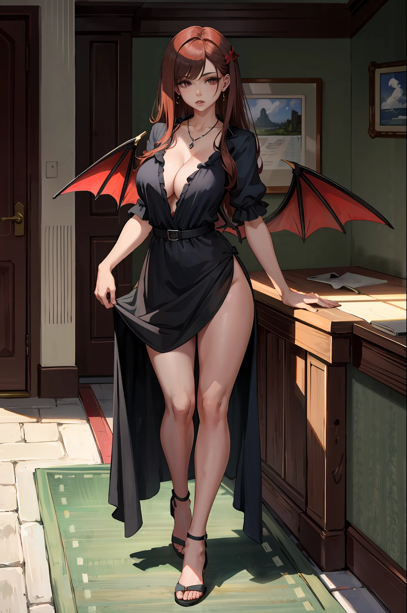 (masterpiece:1.2, best quality:1.2, beautiful, high quality, highres:1.1, aesthetic), detailed, extremely detailed, ambient soft lighting, 4K, perfect red eyes, perfect face, perfect lighting, 1girl, bangs, black dress, brown hair, breasts, ((large breasts)), dress, jewelry, large breasts, lips, looking at viewer, necklace, long hair, hair down, red highlights in hair, simple background, solo, wearing red bat wings, pale ivory skin, thighs, ((full body)), high resolution, masterpiece, anime girl