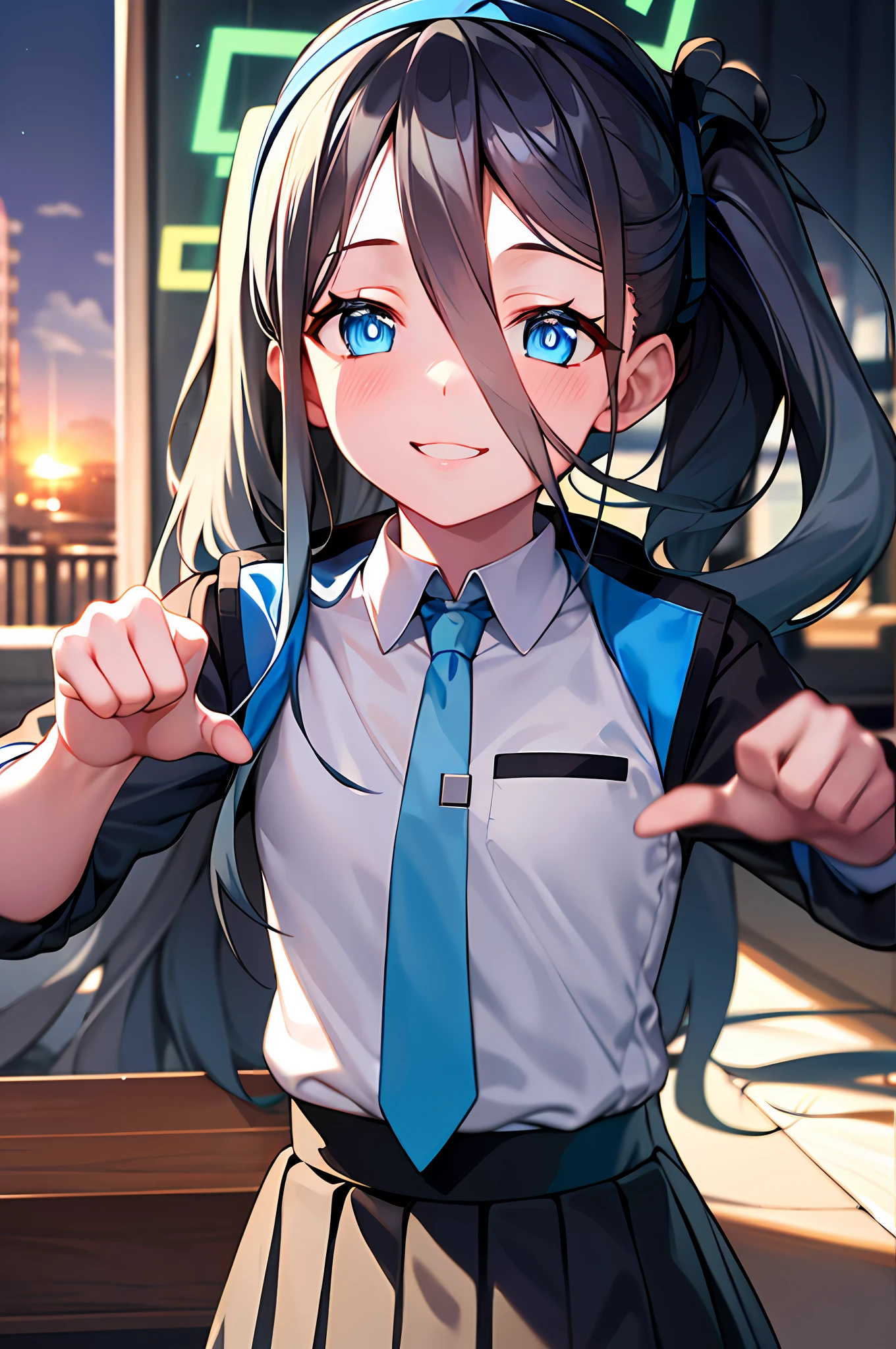 pureerosface_v1:0.66)、best qualtiy、超A high resolution、(Hphotorealistic:1.4)、女の子 1 人、finely eye、Dark Eye Makeup、Slim waist、red blush、K-pop idol、(attractiveness:1.0)、Fine eye makeup、Puffy eyes、独奏、perfect anatomia、(Colossal tits)、(Slender)、(A dark-haired:1)、(looking at the viewers).(Original_Alice)、(Light blue tie)、(marine blue eyes),(zhuo),(Alice_Halo:0.7),(Blue halo),(A smile),(Happiness),(pigtails hair),(length hair),(Long bangs),(Blue Archive),(black hairband),(long court),(student clothes),(White long-sleeved shirt),(pleatedskirt),(Navy blue skirt),depth of fields,facial detailing,skin gloss,Beautiful eyes、Dark Eye Makeup、Slim waist、teak、Fine eye makeup、独奏、perfect anatomia.up chest.clench your fists.((Gentle and gentle face)).Look at viewers.Fighting stance.evening glow.the setting sun.