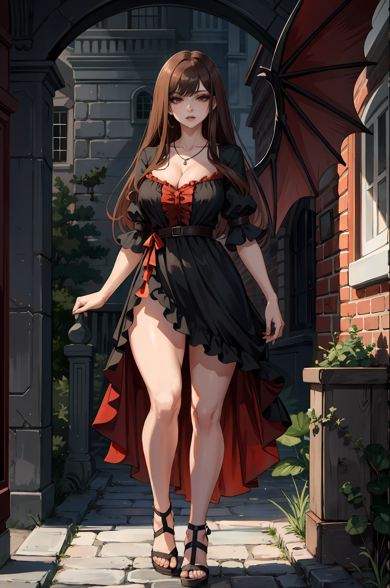 (masterpiece:1.2, best quality:1.2, beautiful, high quality, highres:1.1, aesthetic), detailed, extremely detailed, ambient soft lighting, 4K, perfect red eyes, perfect face, perfect lighting, 1girl, bangs, black dress, brown hair, breasts, ((large breasts)), dress, jewelry, large breasts, lips, looking at viewer, necklace, long hair, hair down, red highlights in hair, simple background, solo, wearing red bat wings, pale ivory skin, thighs, ((full body)), high resolution, masterpiece, anime girl