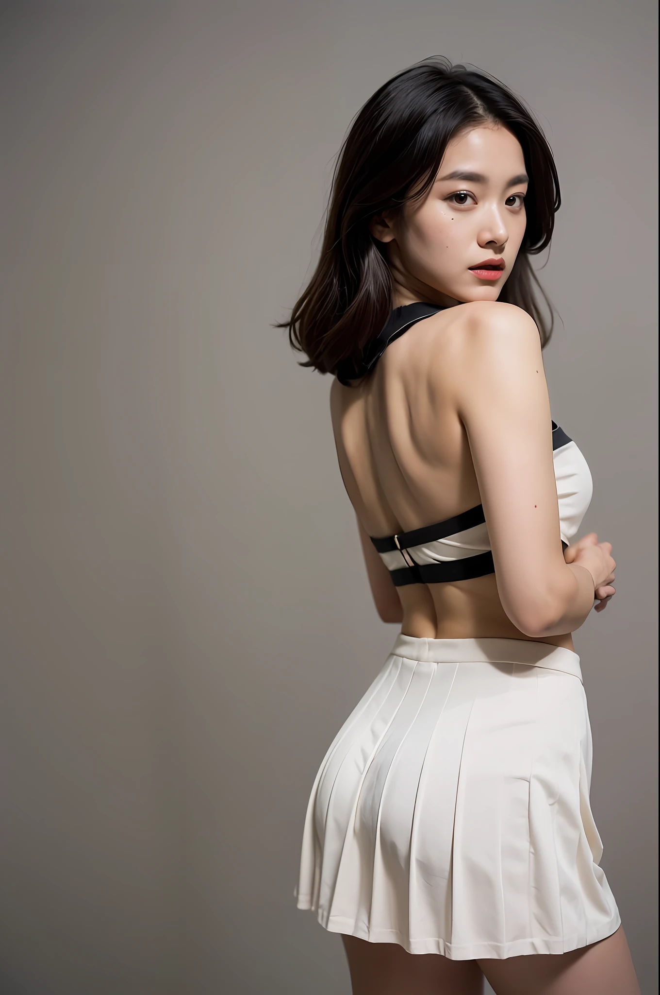 （Highly detailed body，Highly detailed face，Best quality at best：1.2） ，A woman with，looki at viewer，（Black bandeau，Pleated skirt）(1 in the room background.2),(Put your hands back：1.2)
