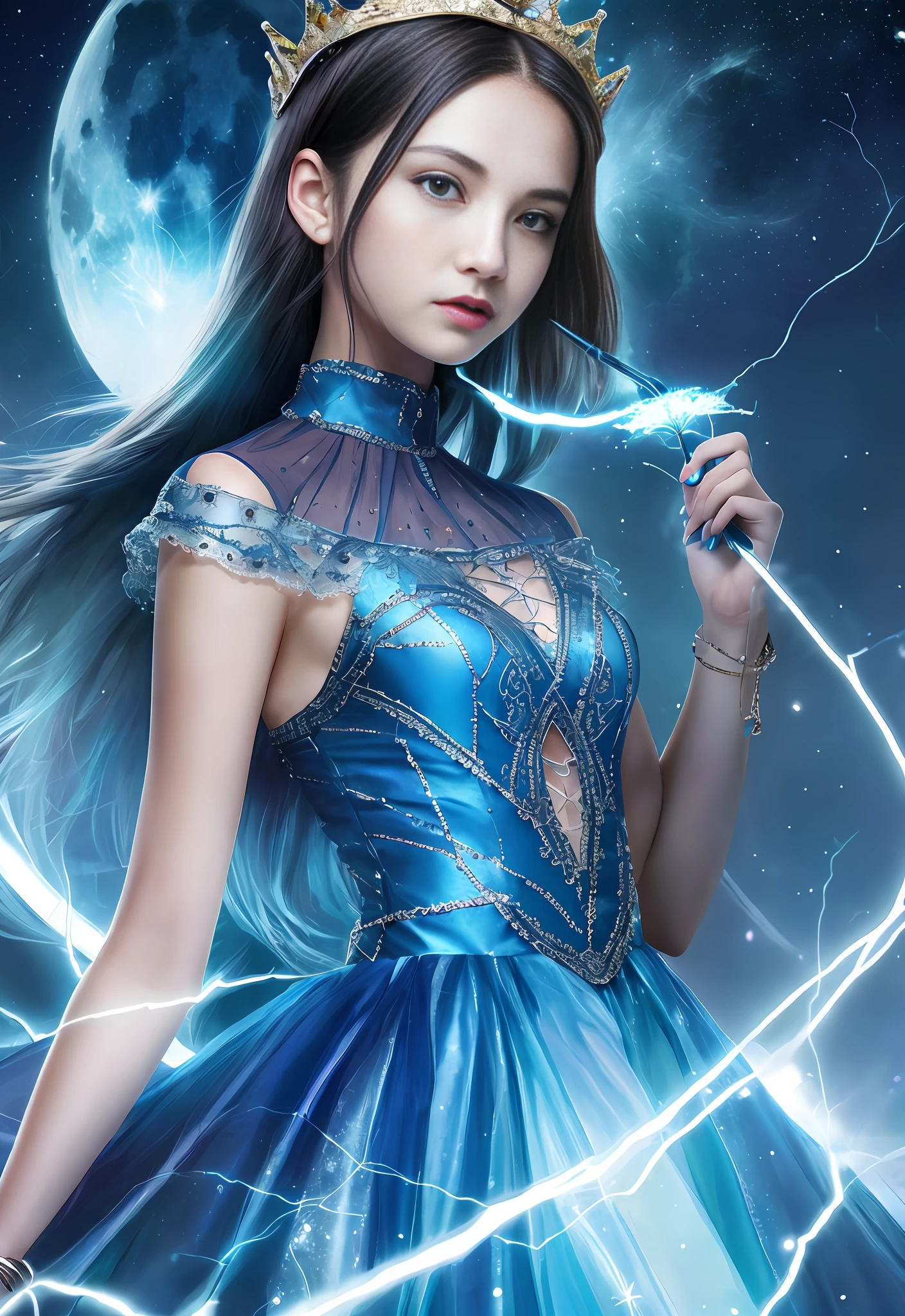 Night, (1 girl)), loneliness, masterpiece, 8k wallpaper, high resolution, absurdity, high quality background, short hair, black hair, multi-colored hair, beautiful frozen village, (full moon), blue dress, detail dress, jewelry dress, (magic: 1.2), blue flame, blue eyes, glowing eyes, fire, ice goddess, (blue delicate beautiful crown), electricity, blue electricity, blue light particles