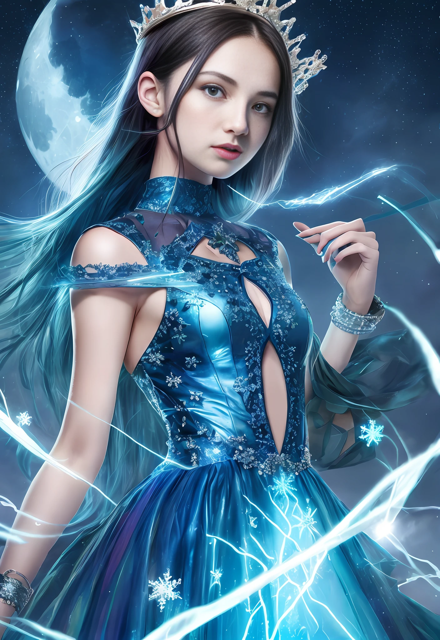 Night, (1 girl)), loneliness, masterpiece, 8k wallpaper, high resolution, absurdity, high quality background, short hair, black hair, multi-colored hair, beautiful frozen village, (full moon), blue dress, detail dress, jewelry dress, (magic: 1.2), blue flame, blue eyes, glowing eyes, fire, ice goddess, (blue delicate beautiful crown), electricity, blue electricity, blue light particles