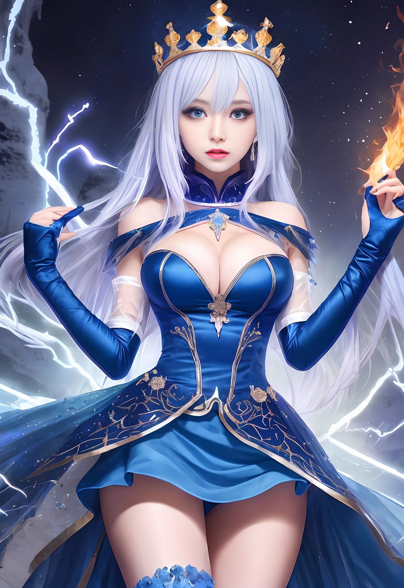 the night，（（1个Giant Breast Girl）），Solitude，tmasterpiece，8k wallpaper，A high resolution，hoang lap，High quality background，bob-cut hair，multicolour hair，Beautiful frozen village，（moon full），a blue dress，Detailed dress，Jewelry skirts，（magia：1.2），Blue Flame，blue color eyes，glowing light eyes，firey，Ice Goddess，（Blue delicate and beautiful crown），eletric，Blue electricity，Blue light particles，—v6