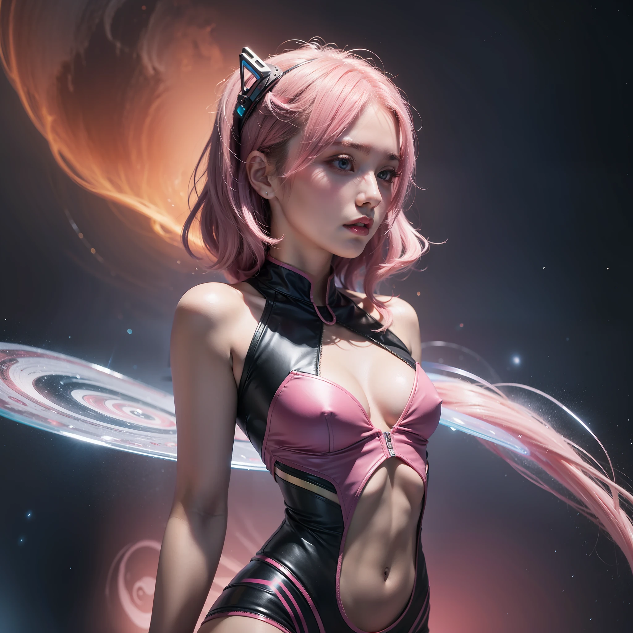 tmasterpiece,8K,hyper realisitc,Extremely colorful,incredulous,Extremely imaginative,Female figure in the nebula,Pink gradient to blue,1girl