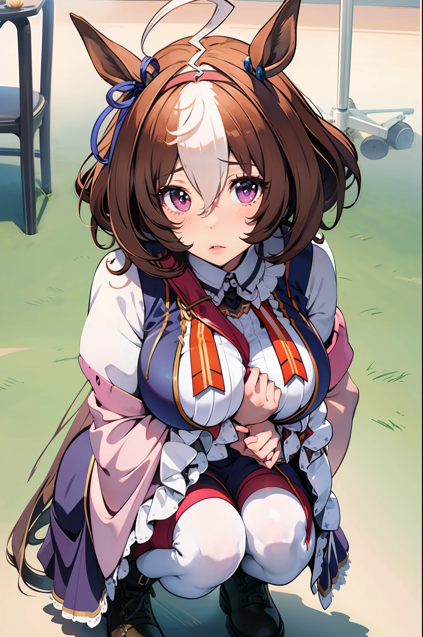 ((photorealistic)), masterpiece, best quality, extremely detailed, original,  full body wide angle, charming poses, squatting, trending on Artstation, trending on Pixiv

 umamusume, 1girl,  blush, white ahoge, horse ears, horse tailed, hair ornaments