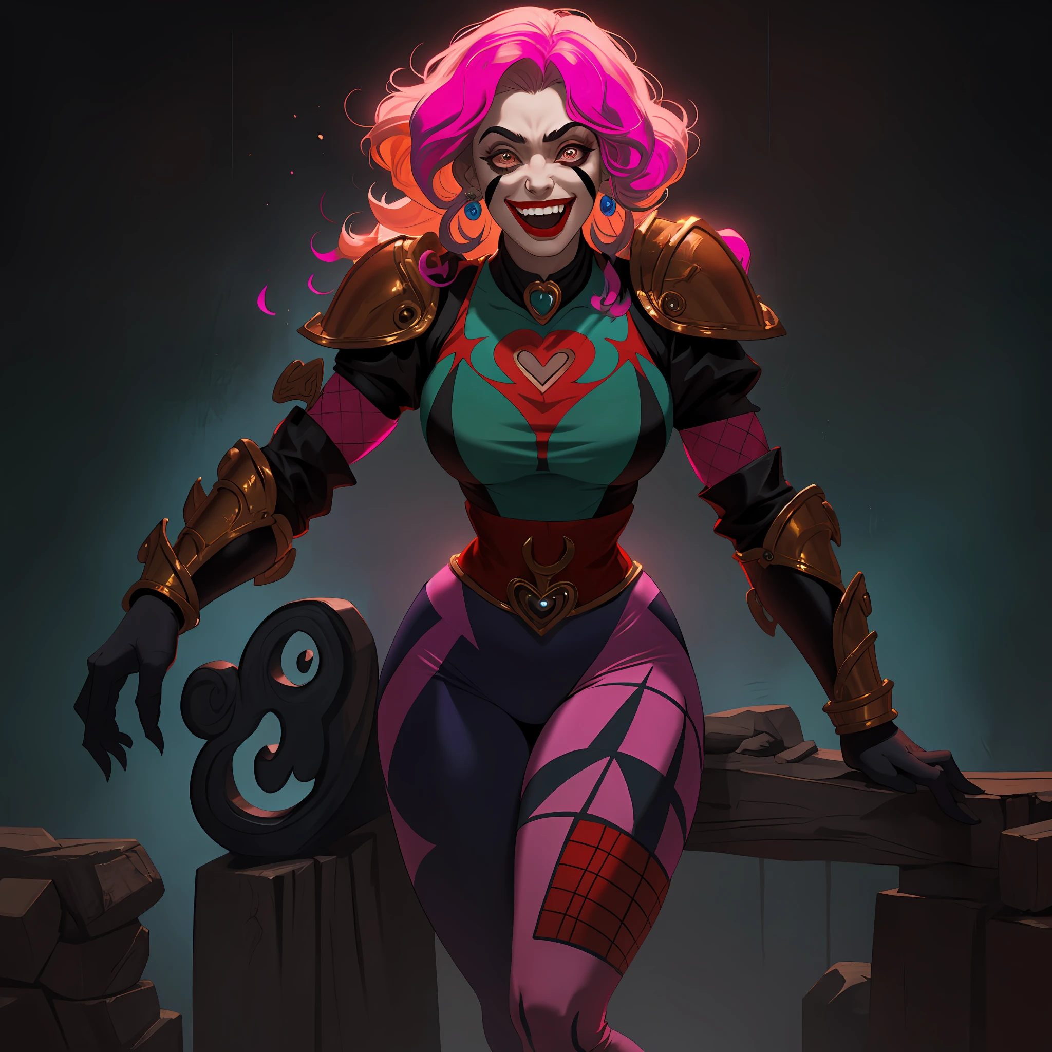 8k, high definition, masterpiece, huge resolution, (gritty fantasy style:1.2), (harlequin:1.2), pastel pink hair styled in loose waves, jester tights, narrow waist, wide hips, (mood lighting), (brown leather armor:0.8), (dark makeup:1.2), (1girl:1.2), (solo:1.2), laughing expression,