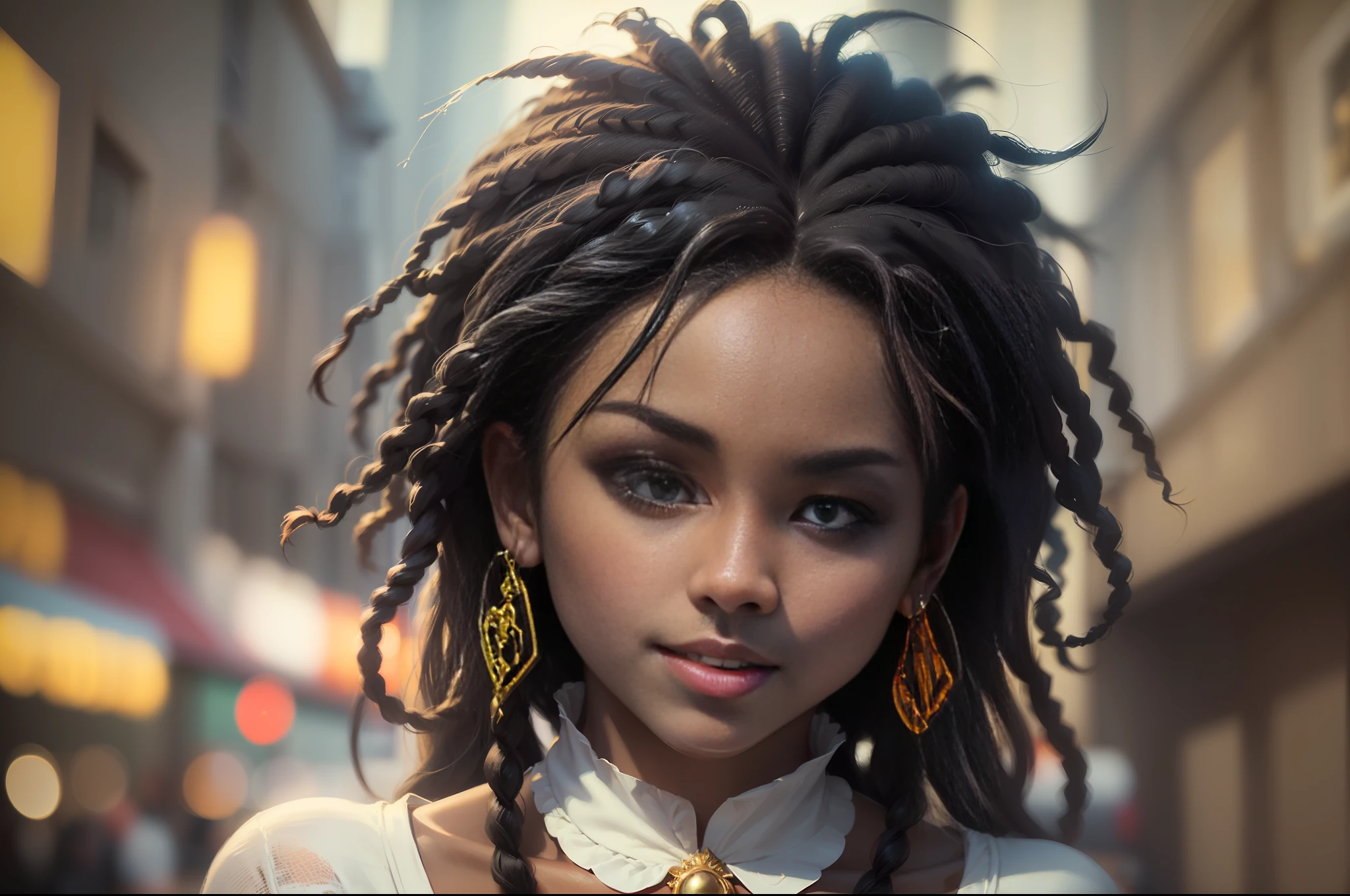 ( 
    (Character: one Braziliant woman, 20 years old, Artis, dark skin, black skin, smile, black hair, mega hair, dreadlocks:1.3)
    (Clothing:  white elegant  short dress, golden jewels, golden collars)
    (close shot:1.3, extremely detailed, (dynamic pose))
    (nighttime city, dimly lit, noir atmosphere:1, gloomy atmosphere, white ominous lighting) 
    (Style: ((masterpiece:1.5)), (face detailed), photo-realistic:1.3, hyperrealistic, film grain)
)