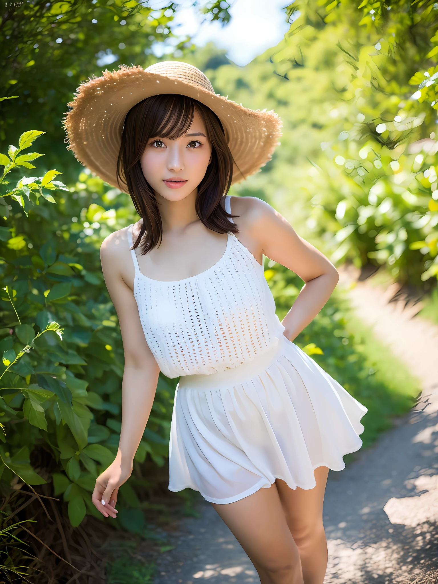 masterpiece, 1girl in 1photo, a Japanese cute girl, full body shot, front view, glamorous figure, wearing a sleeveless white blouse, a long length light pink skirt, naked feet with sandals, ultra cute face, 18 years old, wearing a wide brim straw hat, standing alone on a path surrounded by nature in the countryside, blue sky without clouds, summer sunshine, double eyelids in both eyes, natural makeup, long eyelashes, shiny smooth light brown hair of shoulder length, asymmetrical bangs, tanned skin, staring at the camera, center image, 8K resolution, high detail, detailed hairstyle, detailed face, dark eyes, spectacular cinematic lighting, octane rendering, vibrant, hyper realistic, perfect limbs, perfect anatomy