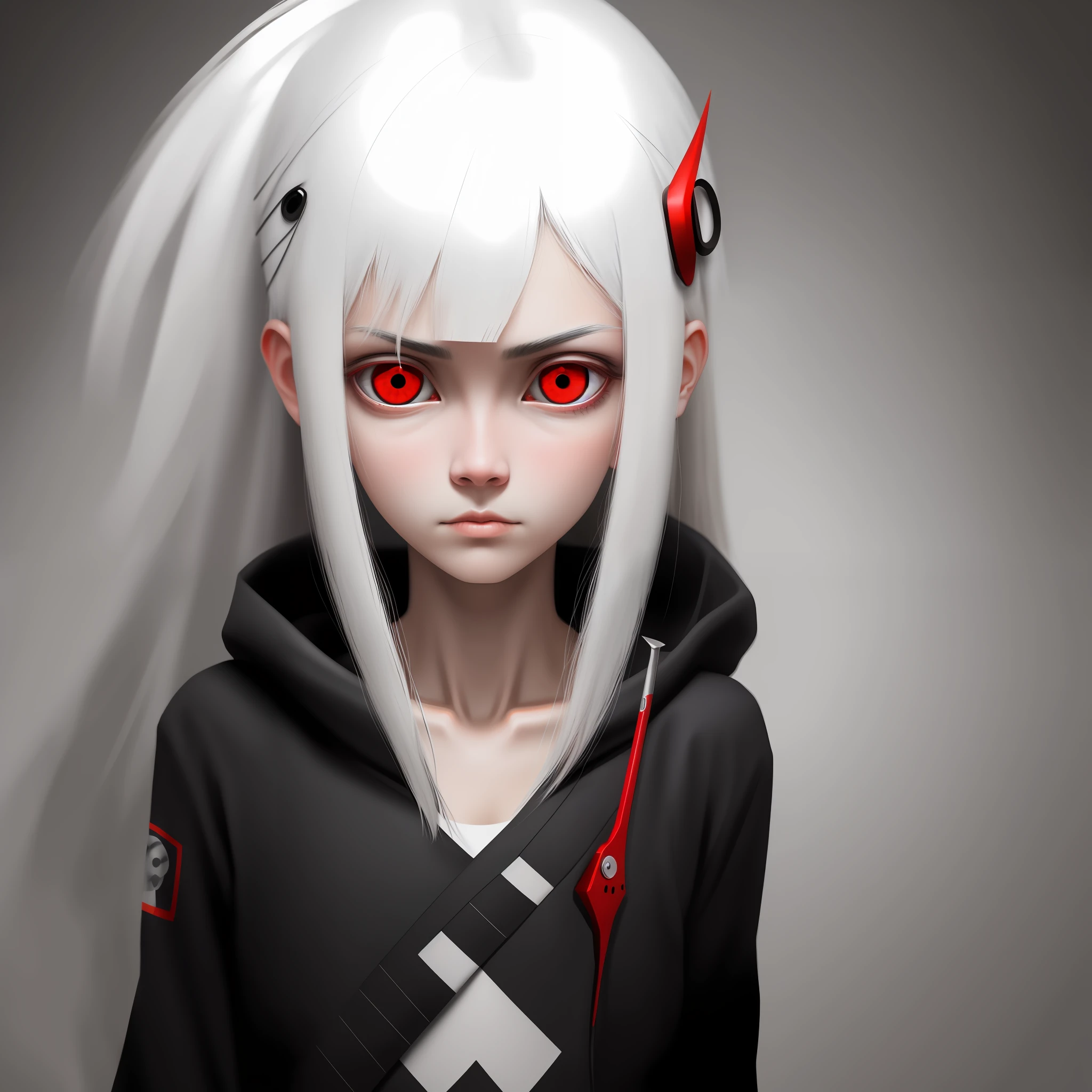 black hair, white hair, hairpin, red eyes, shy, shy, Surrealism, perspective, 8k, super detail