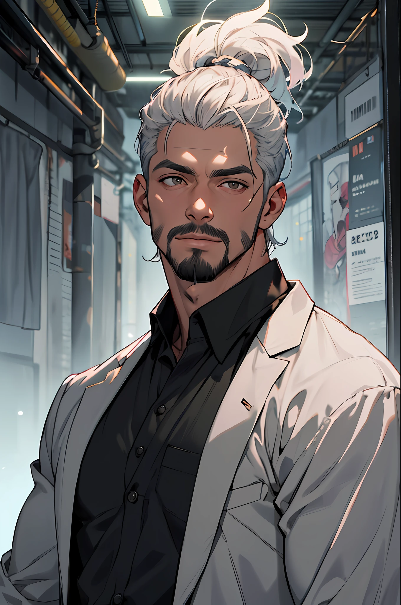 1 homem, obra-prima, melhor qualidade, plano de fundo neblina, solo, corpo inteiro, facial hair, homem musculoso, beco escuro, neblina, envelhecido, casaco, beco, luz da lua, eight heads tall, escuro, mulher, homem