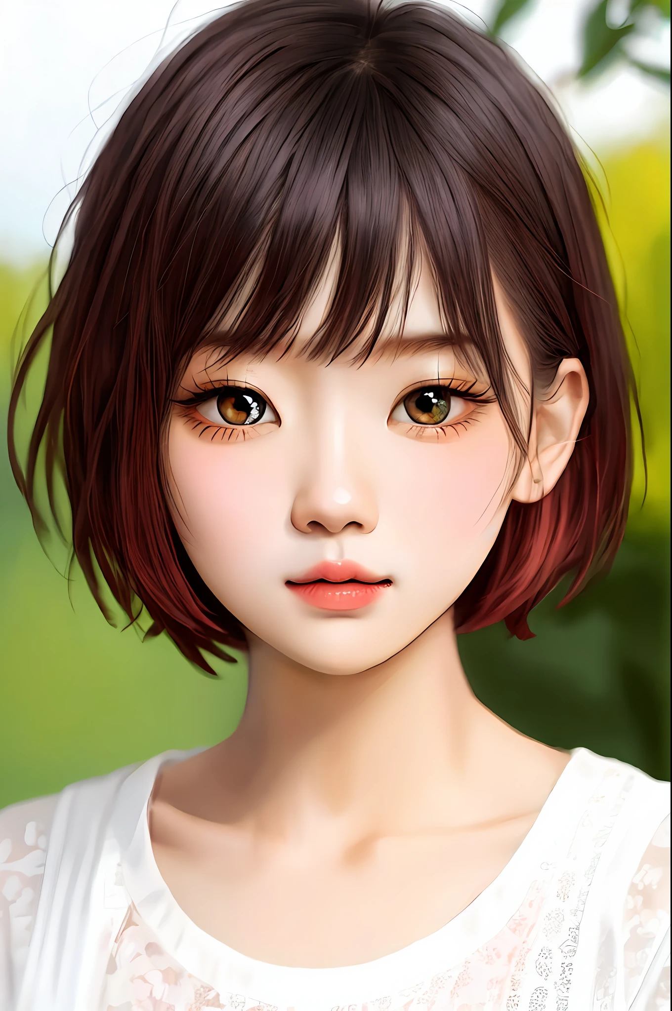 Square round face, Big eyes, Small nose, light red short hair, Girl