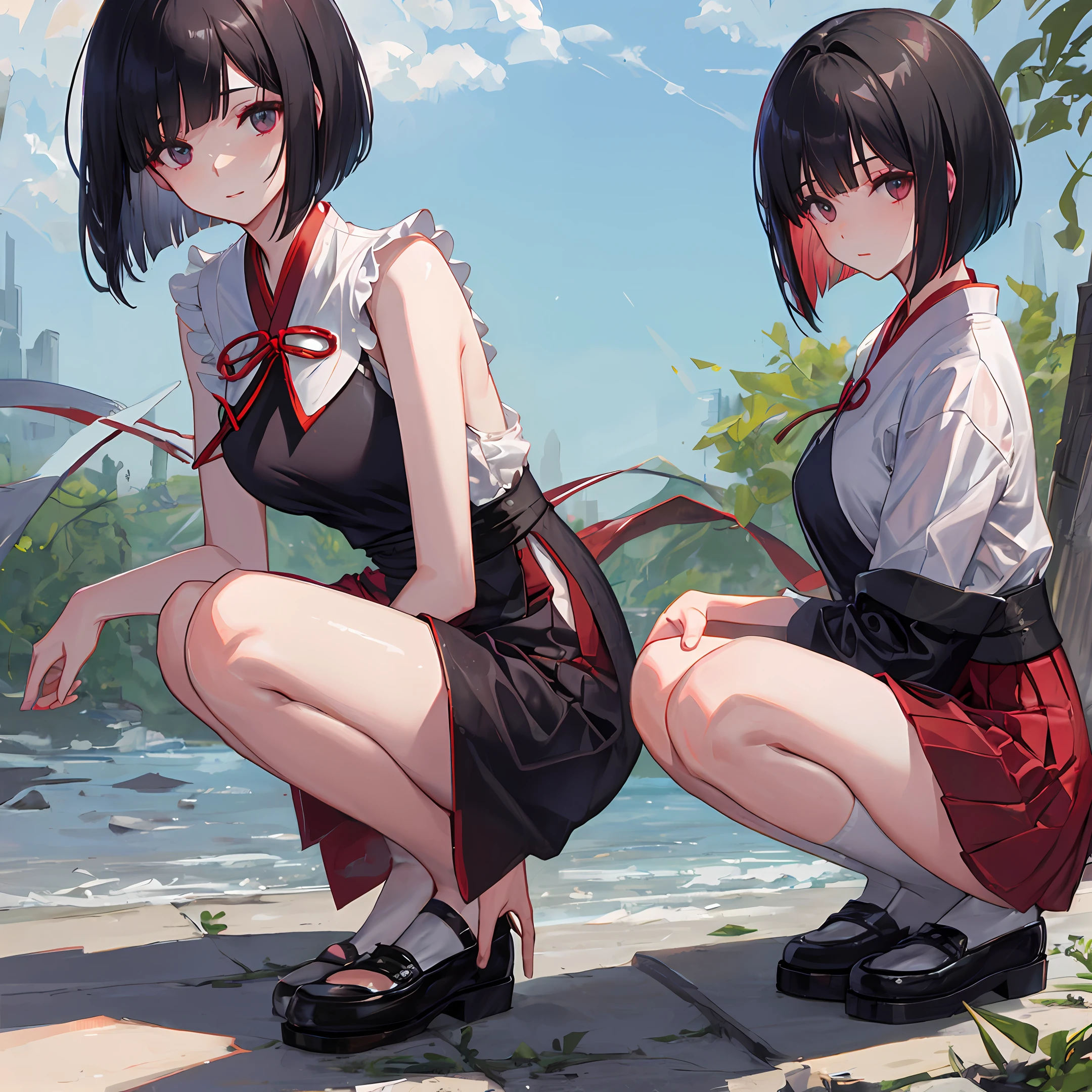 Kizi，Medium breasts，校服，blacksilk，bob-cut hair，Half squat，Legs sticking out，slightly red face