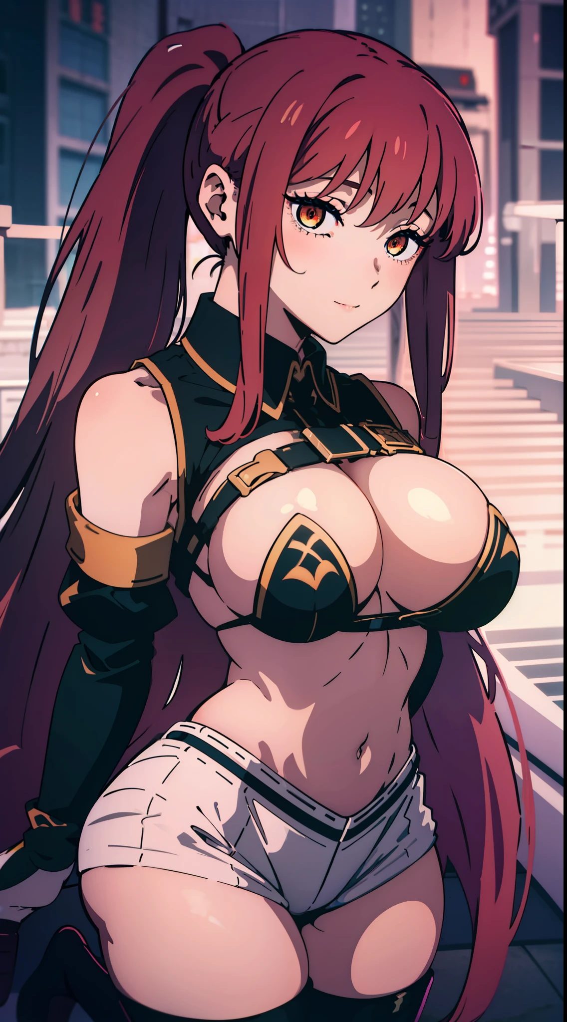 rnlong hair,City girl, Expose the the clitoral, brunette color hair, high ponytails,Sexy tights,Stocking boots ,full-body portraits, anime big breast, style of anime, lightand shade contrast, 8k, super detailing, ccurate, best qualtiy, UHD