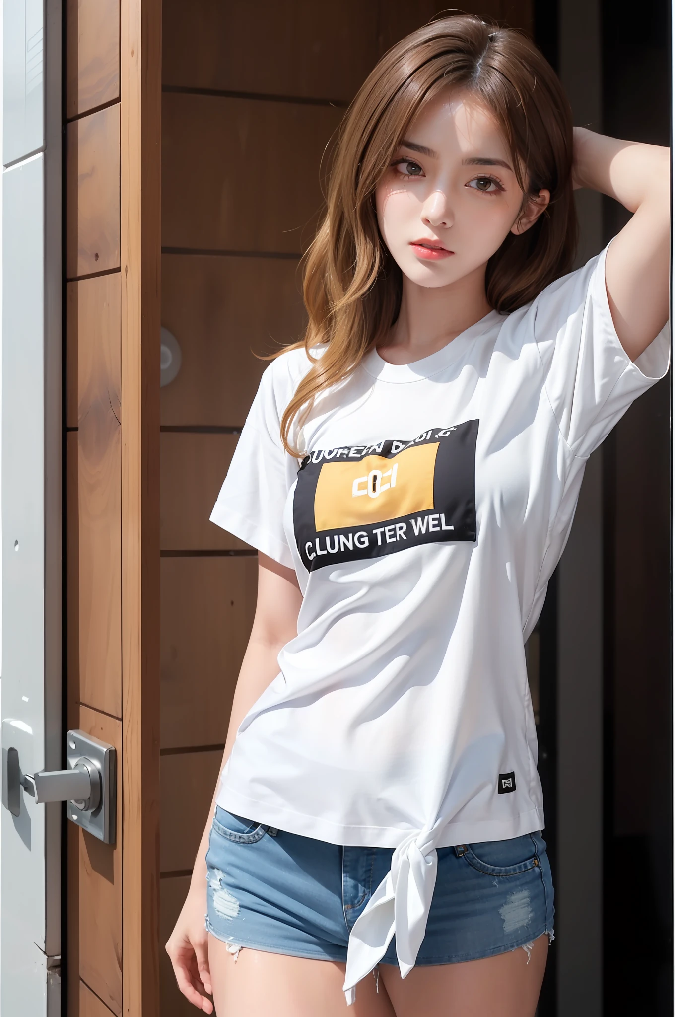 （1girl），big cleavage breasts，nedium breasts，marron marron，Dewy skin，sweatyskin，Wavy blonde，Cropped nylon T-shirt，punk girl，brunette color hair，cleanness，