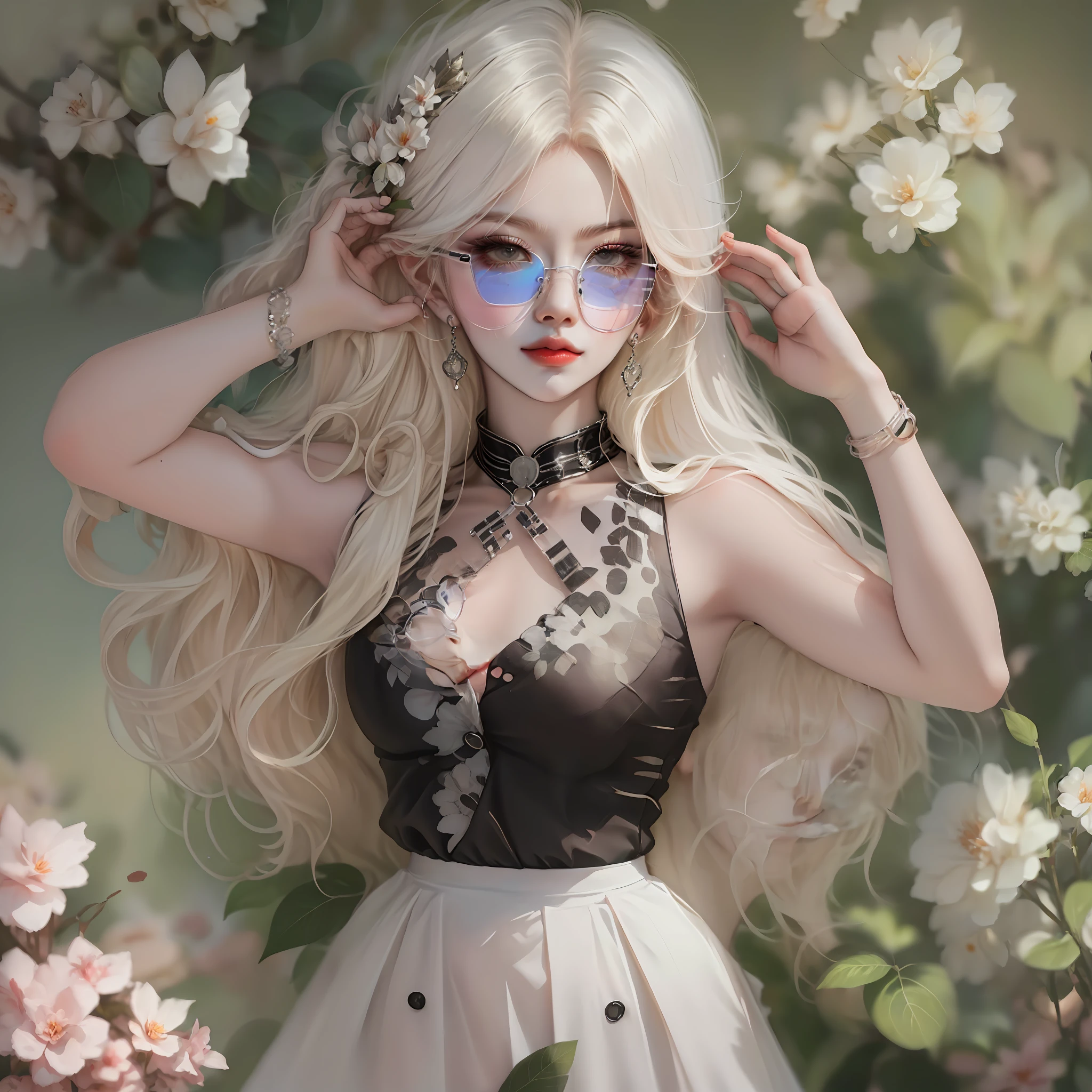 Best quality, super high resolution, (realism: 1.4), 1 female, sleeveless white button-down shirt, black skirt, black collar, ((glasses)), (Kpop idol), (aegyo sal: 1), (platinum blonde: 1), ((puffy eyes)), looking at viewer, full body, flowers