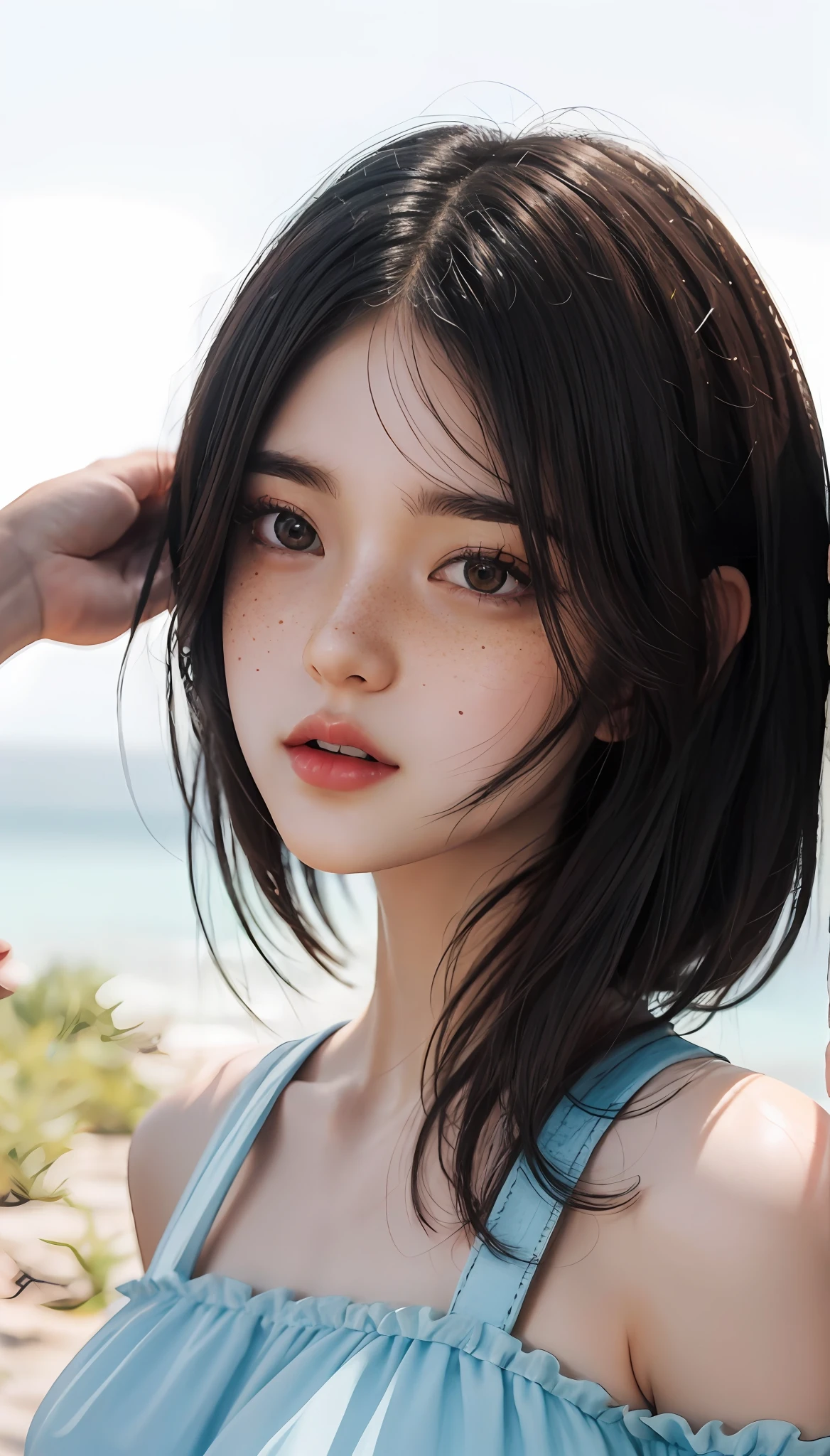 ((ultra detailed)),((Bright eyes)), (Detailed eyes) , 8k, blink blink, (The Little Faux Freckles Makeupgirl), ((realistic skin)), ((focus detailed 2 straps on the shoulders of dress)) , ((shiny facial skin)), with colorful hair and a colorful dress, rossdraws pastel vibrant, rossdraws cartoon vibrant, style anime 8k, beautiful portrait, artgerm colorful!!!, ! dream artgerm, beautiful anime girl, styled digital art, art wallpaper 8k, digital art, extremely detailed artgerm,