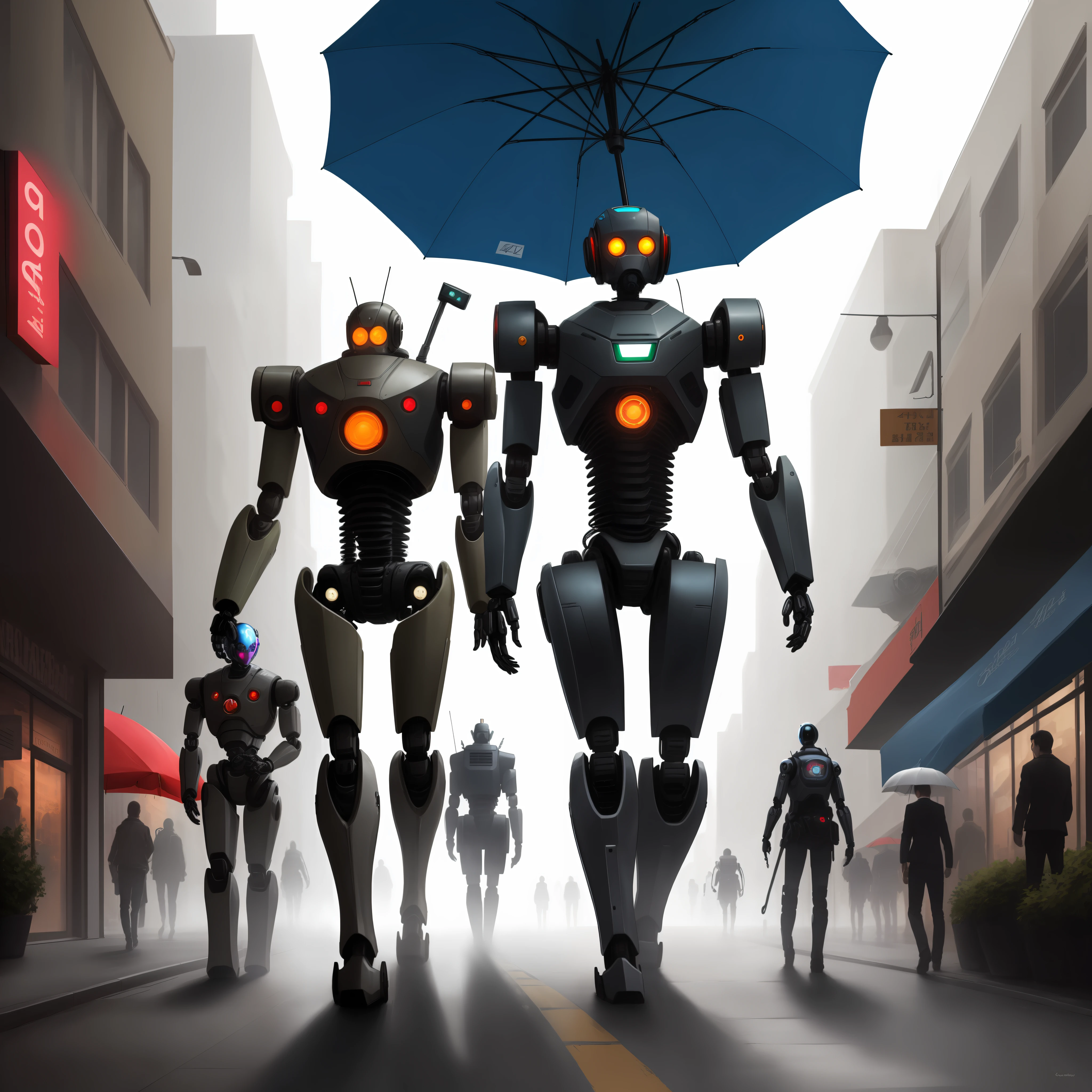 There is a robot standing in the city, Death Robot, futuristic robotic, Mechanical punk,Biological modification,Umbrella