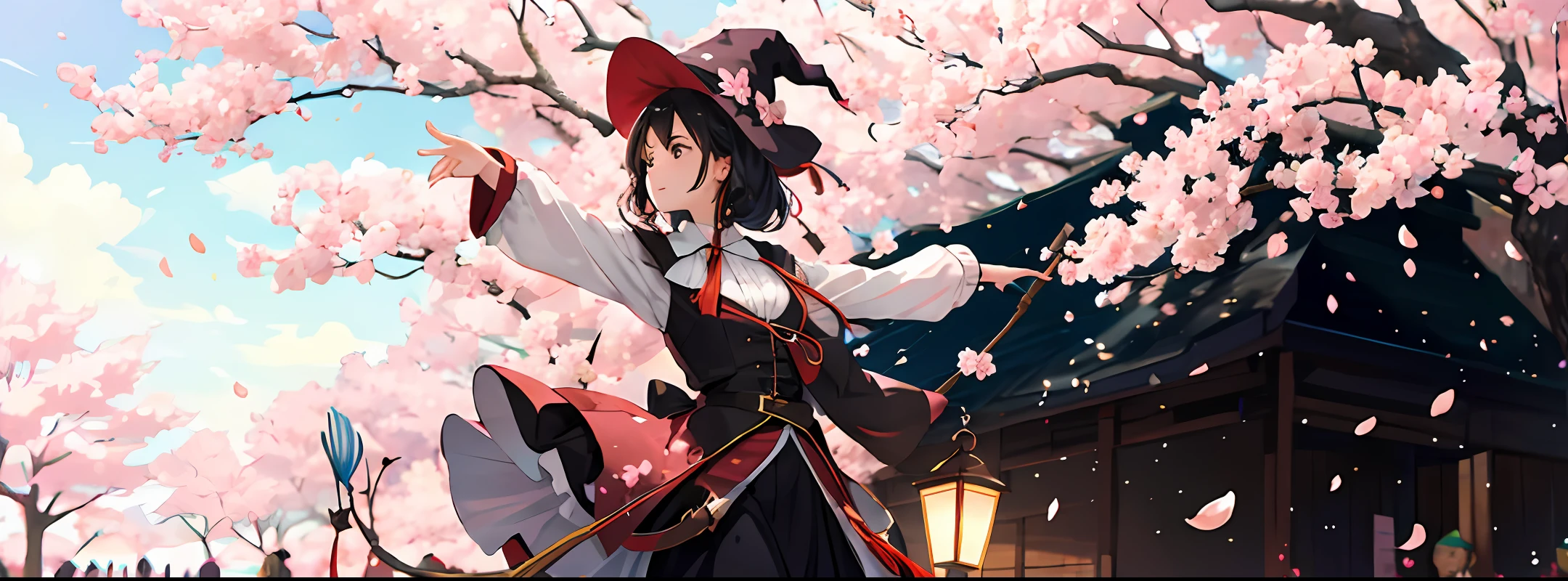 A witch dancing under a cherry blossom tree