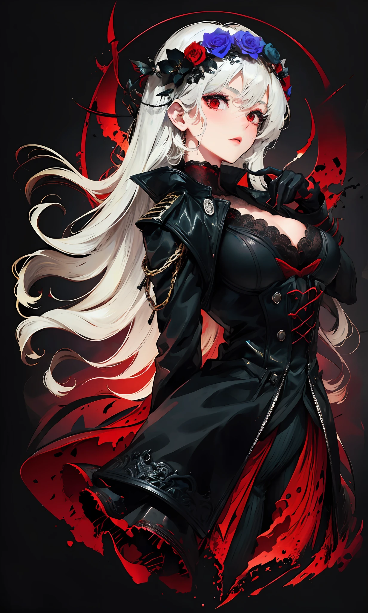 1girll，White color hair，Various hairstyles，Wear a black flower on your head，beauitful face，crisp breasts，Convex buttocks，Wearing a black gauze tights，Wear a black wristband，Black lace-up heels，Wearing a black military uniform overcoat，The inside of the coat is red，perfectly proportioned, Cinematic lighting, filmgrain, Fujicolor, lightand shade contrast, 8K, 巨作, Textured skin, Super detail, high detal, High quality, A high resolution,