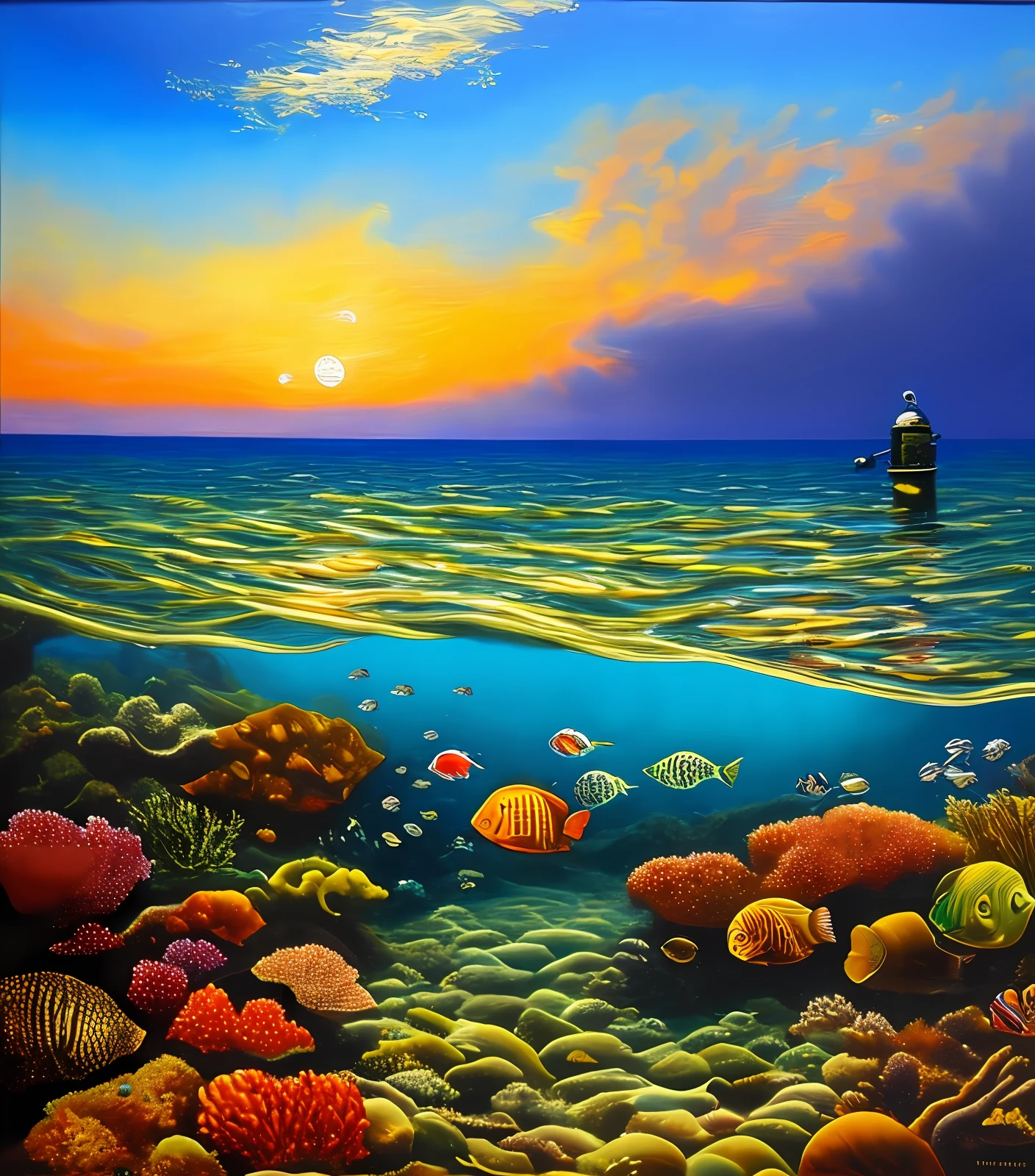 Undersea realism，Oil painting superlative，scenecy，In the distance there was a figure