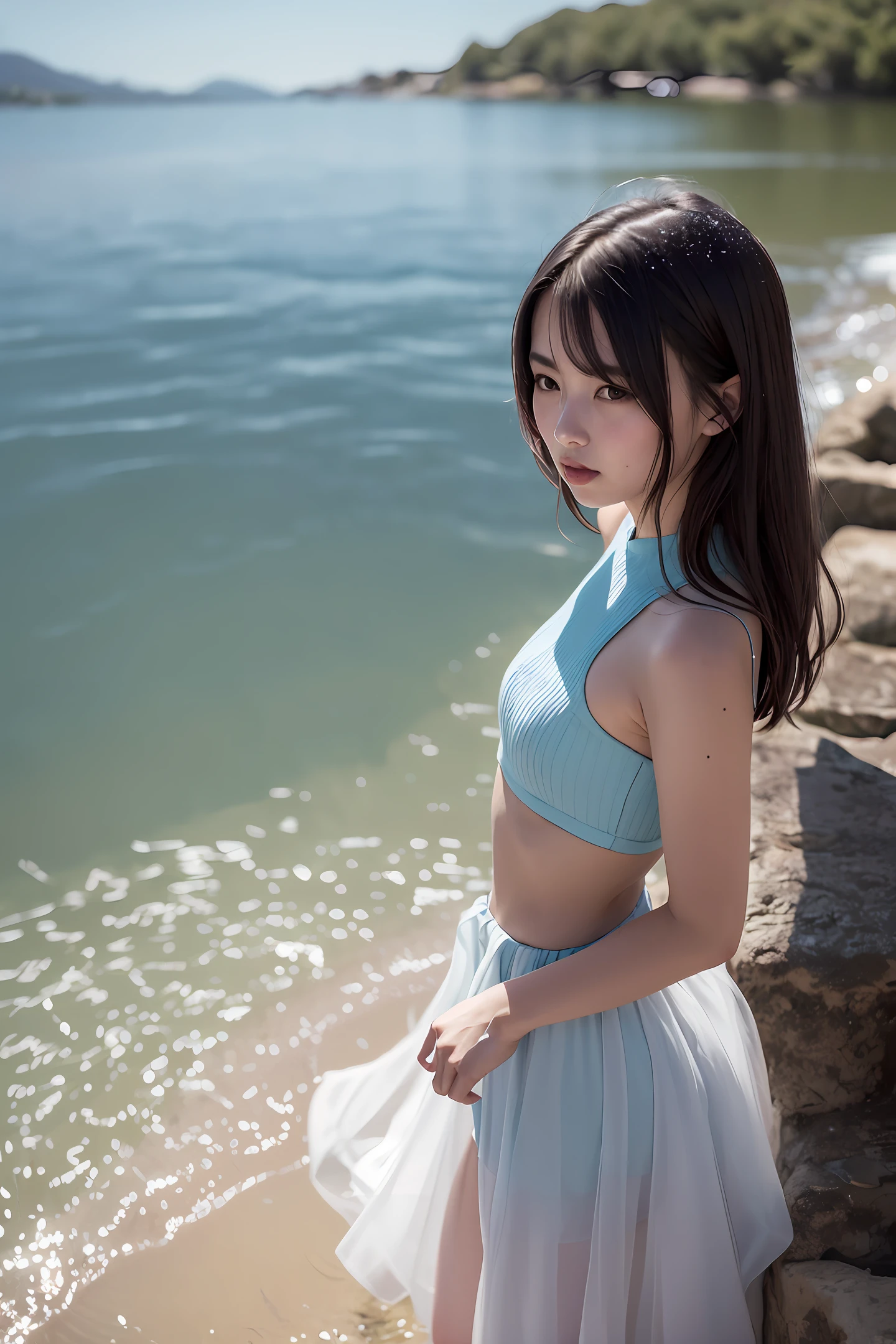 Chengze Lakeside,Standing still is a dream-like woman,Dressed in light blue, she is gorgeous,The lightness envelops her delicate and concave graceful body,The skirt is covered with an almost transparent icy silver yarn,Like a cloud of smoke shrouded her dress,Dance in the breeze,Floating beside her into ripples of water。Her hair was draped behind her waist,The water light reflected her jade snow,Its end is elegant and dusty,The picturesque riverside scenery is also eclipsed,From the angle from which they are,Only one side of her can be seen,But whoever looked at her for the first time,In the heart lake, it will be like throwing a boulder,Ripples of countless fluctuations。
Her beauty is by no means the same as that of worldly beauties,It's a kind of drifting dust、Noble and holy,It is like the illusion of a fairy in the sky,She stood still by the lake,It's like a goddess in the water suddenly appearing at the water's edge,Look at her,It will naturally give birth to a dream-like sense of illusory,
