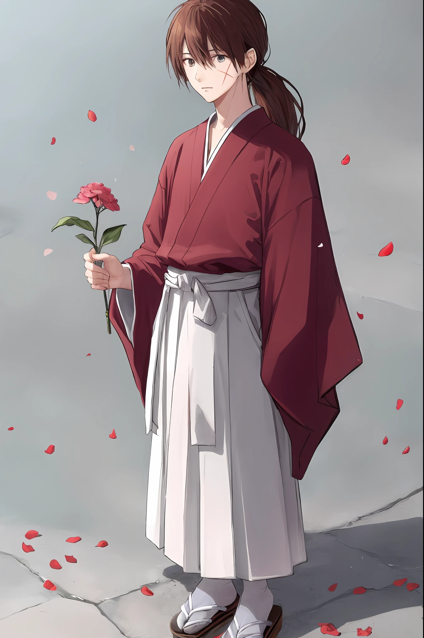 kenshin rk, solo, long hair, 1boy, ponytail, flower, male focus, japanese clothes, petals, scar, sandals, hakama, hakama skirt, holding flower, traditional japan