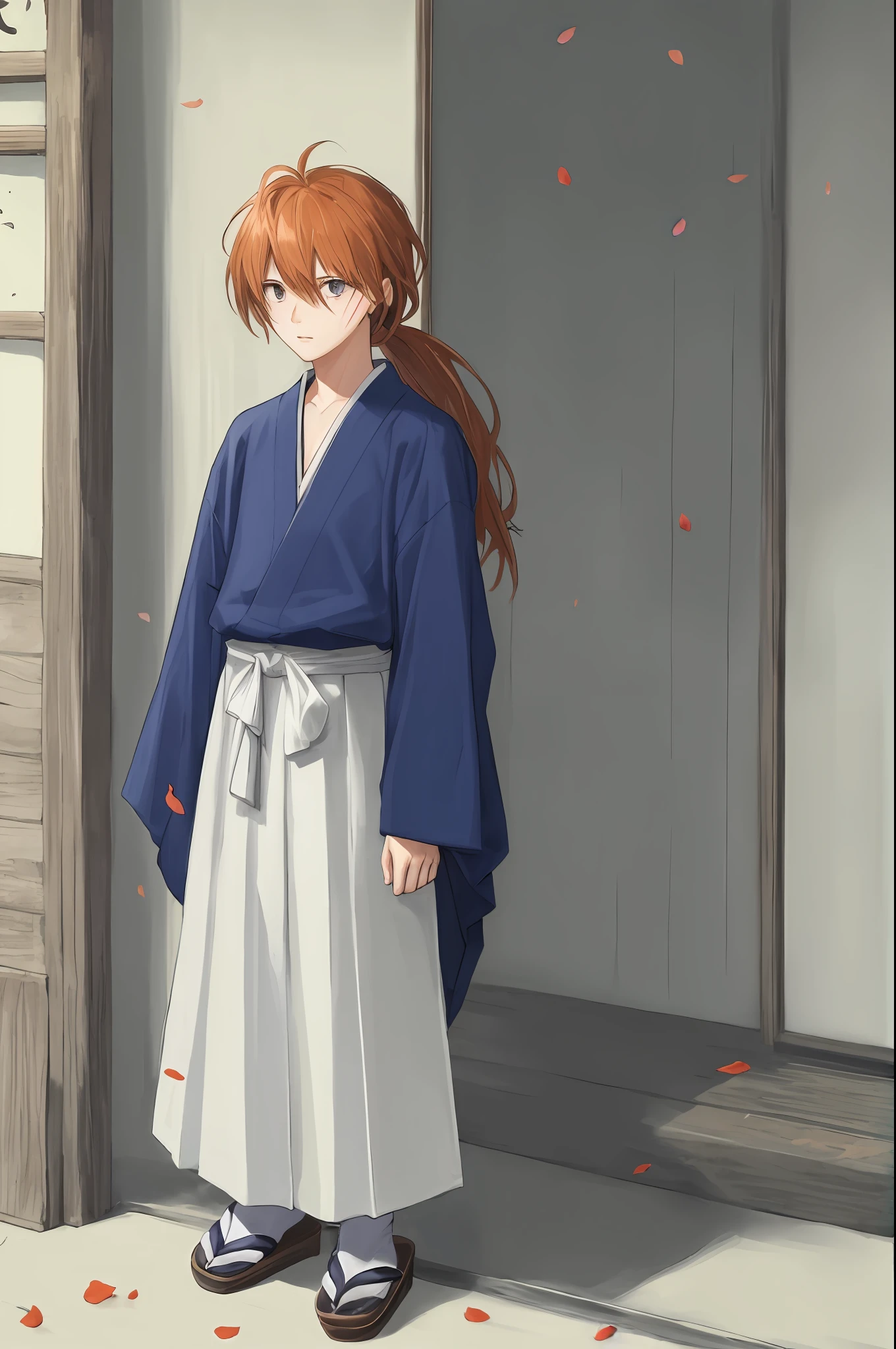 kenshin rk, solo, long hair, 1boy, ponytail, flower, male focus, japanese clothes, petals, scar, sandals, hakama, hakama skirt, holding flower, traditional japan