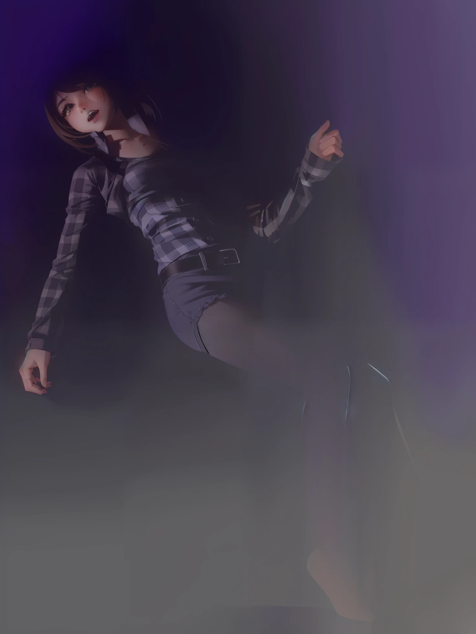 (Top image quality、masterpiece:1.1)、(reallistic:1.4)、1girll、sad Facial expression、Surprised、anxious expression、A face that looks like it's about to cry while being frightened by something、frowning、Open mouth、((off shoulders、Hot pants and stockings))、