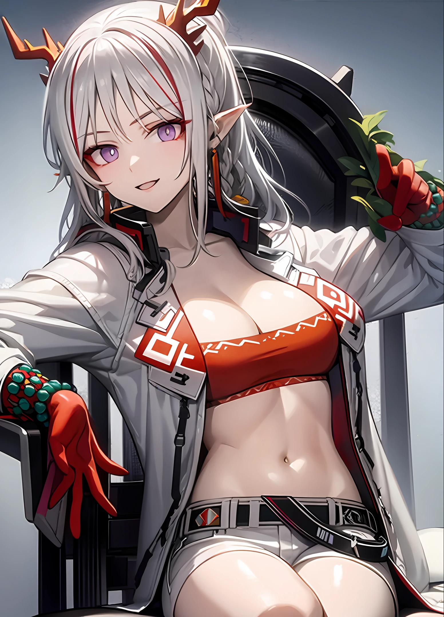 Mecha girl, white hair, chest bar, affectionate, cool