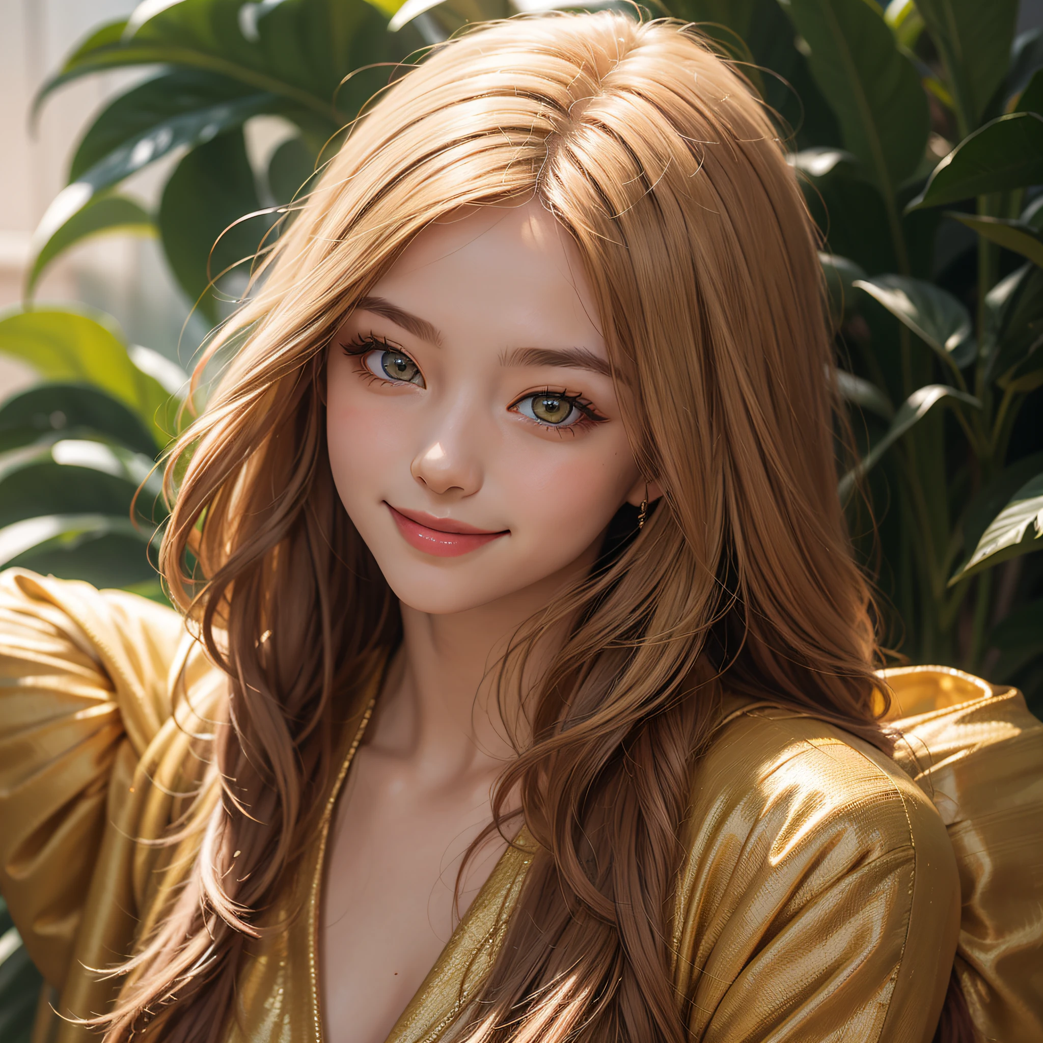 Only a girl's smile、a gorgeous、Golden Eyes、Golden Hair、Hawaii Background、