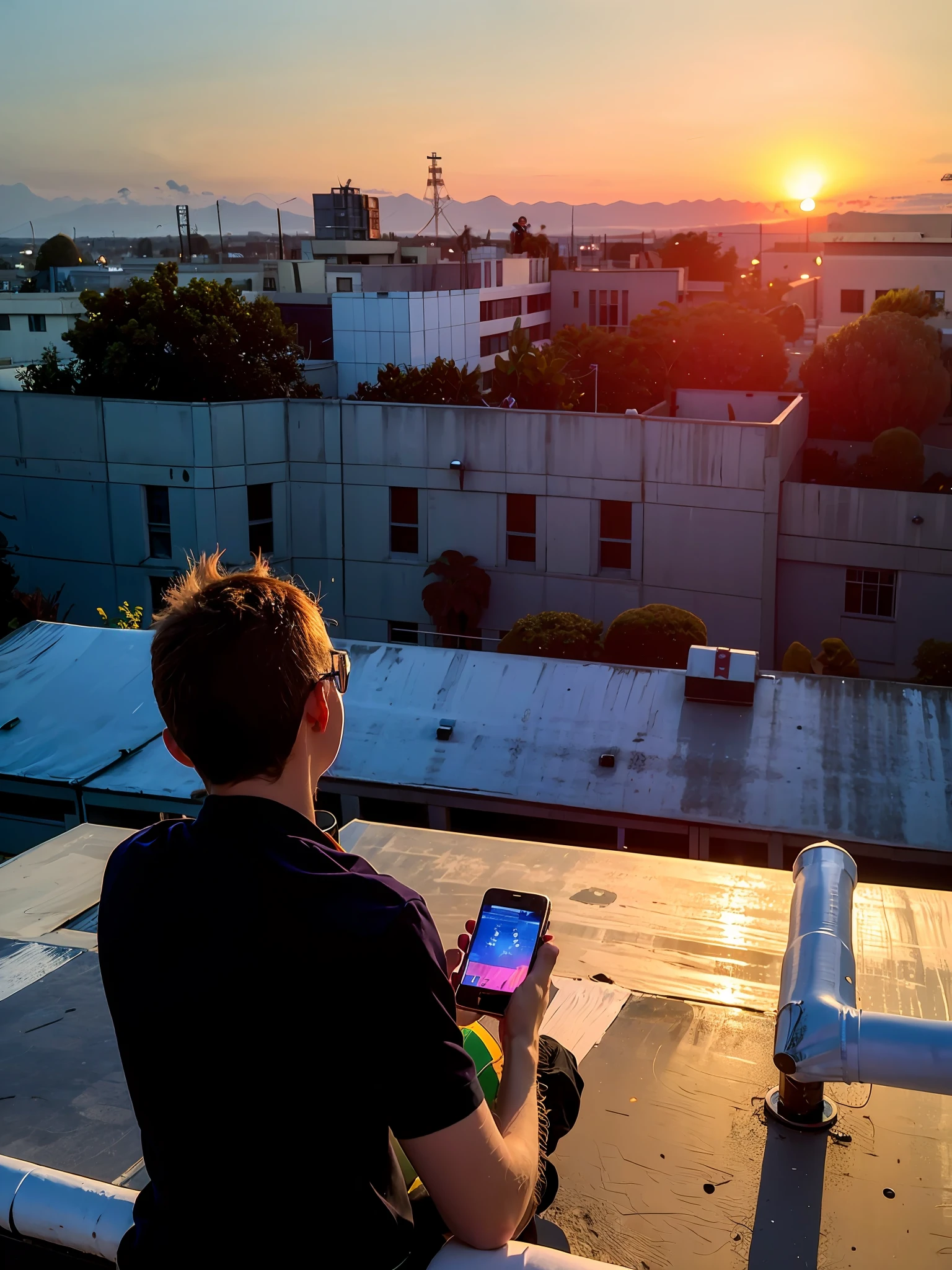 there is a man standing on a roof talking on a cell phone, With sunset, watching the sunset, with a sunset, on rooftop, looking out at a sunset, sun setting in the background, at a beautiful sunset, Sunset in the background, looking out at a sunset, late sunset, ((Sunset)), sunsettime, low quality photo, In the sunset, late sunset