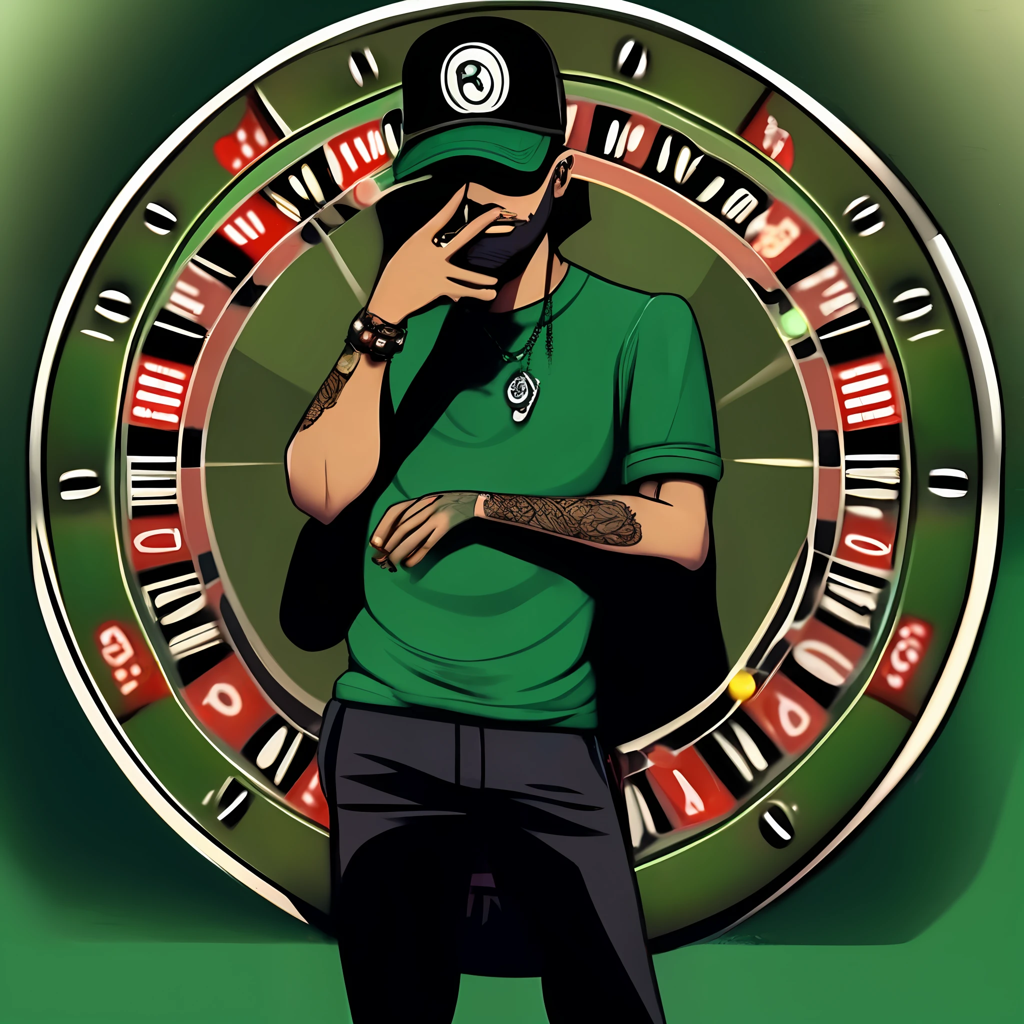 Man in red shirt and hat standing in front of a roulet wheel, Jacksepticeye, jogo, online casino logo, stylized digital illustration, cassino, cover illustration, gambles like no one, arte oficial, Album art, art depicting control freak, official fan art, Jody Highroller, 🪔 🎨;🌞🌄