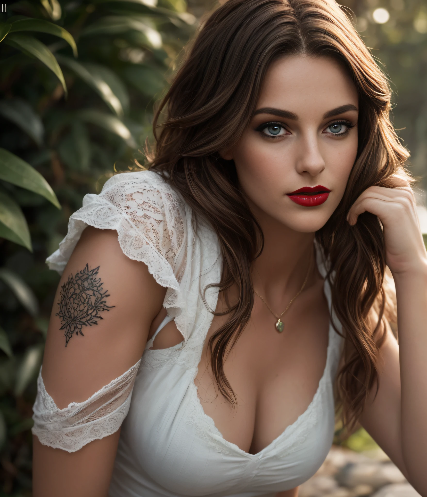 Mulher incrivelmente bonita vestida com vestido de uetel, (corpo inteiro), Decollete, uma fotografia ultra-detalhada hiper realista,mama com silicone, com roupas pequenas, longos cabelos castanhos selvagens, tattooed hands and body, pose de moda, beautiful detailed symmetrical brown eyes, Red lipstick, rosto bonito detalhado perfeito, posando como uma modelo profissional, pele bronzeada, Noite, Incrivelmente bonito, forma feminina, Bronzeado, incrivelmente arrebatador lindo, imensamente atraente, extremamente atraente, paquera e brincadeira, cinematic movie photograph, Fotografia, filmic grain, Detalhe extremo, 4k, Ultra HD |, Anna Dittmann, hiper-realismo, trending on ArtStation, polido, Beautiful, radiante, Sinestesia, vibrante, fotorrealista, luz de fundo, luz do cabelo, 8k Ultra HD | |, Motor Unreal 5