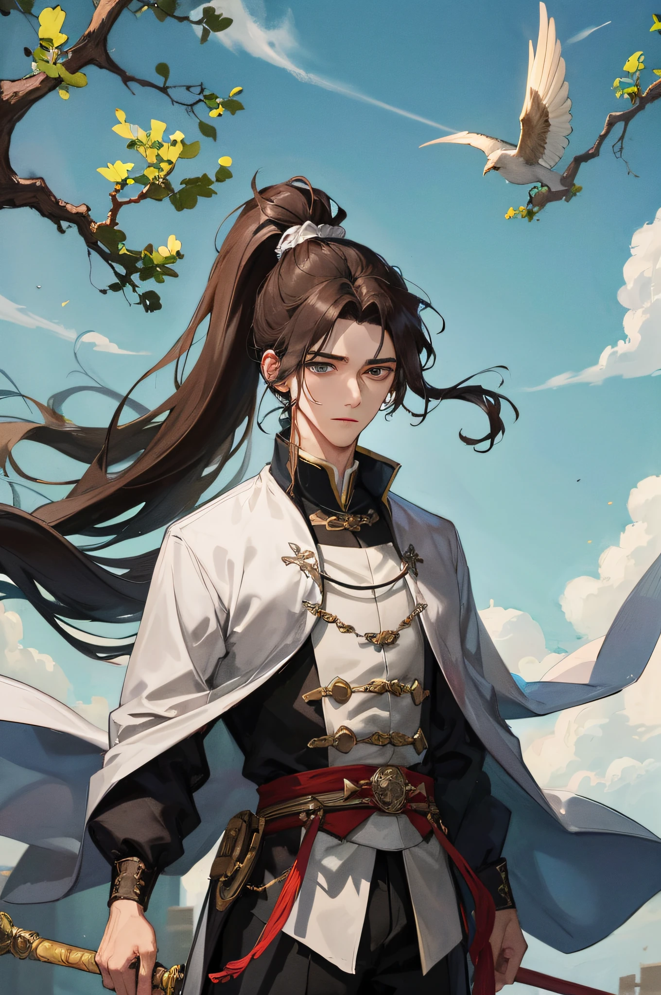 tmasterpiece，Need，A man，China-style，Chinese Ancient Times，brunette color hair，Gray-blue eyes，Bifurcation，rnlong hair，with long bangs，High ponytail，Handsome，virile，gentleness，large tall，A tranquil，Cyan robe，exteriors，cloaks，tree branch，Wind Comfort， Young men，The expression is steady， Royal Sword，Ride the wind