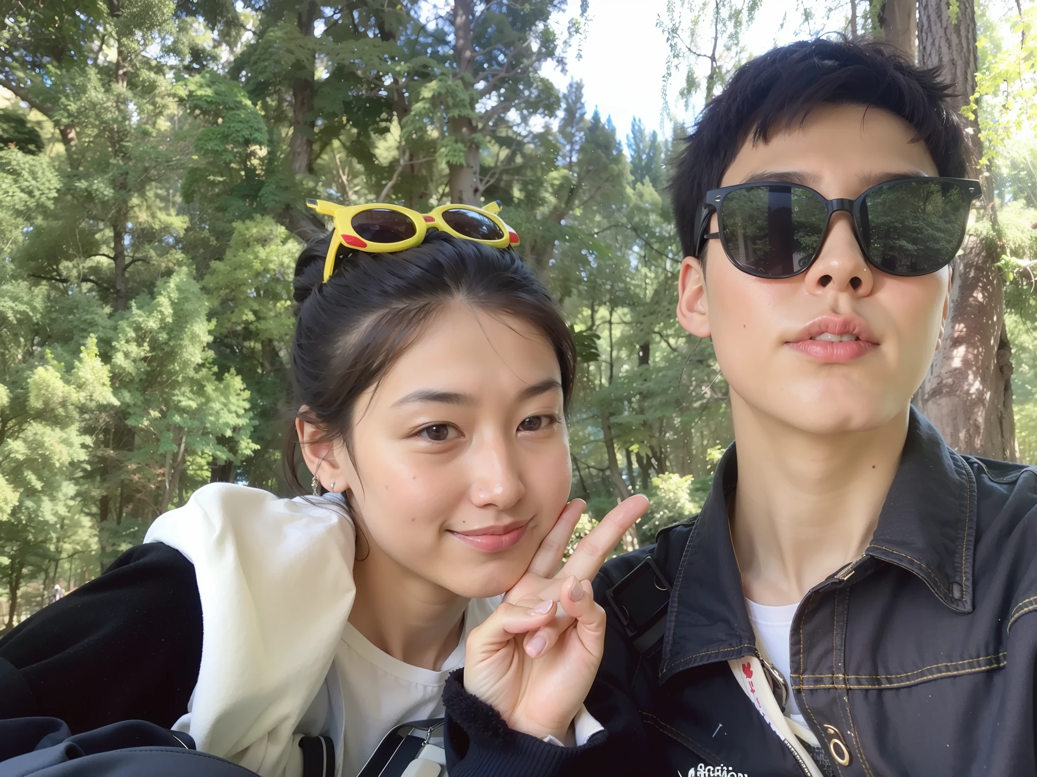 they are posing for a picture in the woods with sunglasses on, Ruan Jia and Fenghua Zhong, Li Zixin, with ivy, ruan jia and brom, cute couple, yanjun cheng, shaxi, zmonzheng, xintong chen, Cai Xukun, wenfei ye, On a sunny day, mingchen shen, Yan